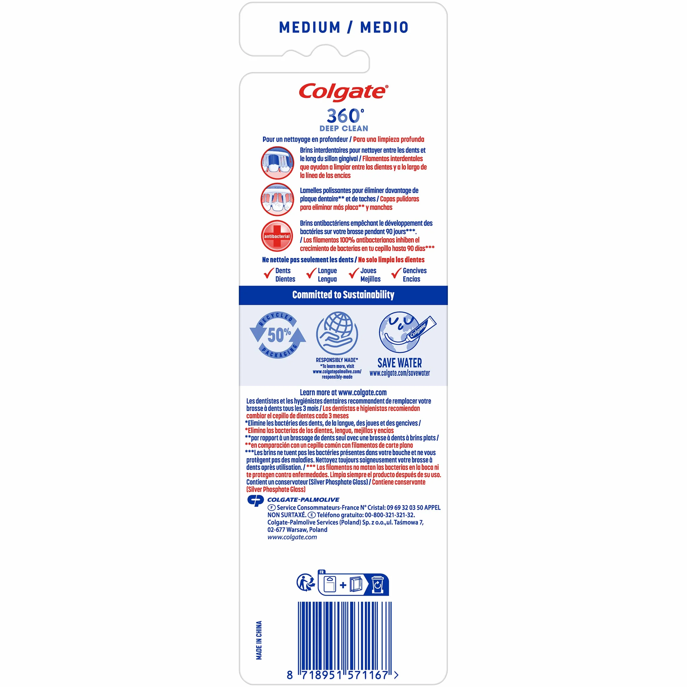 COLGATE - Szczoteczka do zębów 360 Deep Clean Medium - usuwa bakterie - nici międzyzębowe czyści między zębami