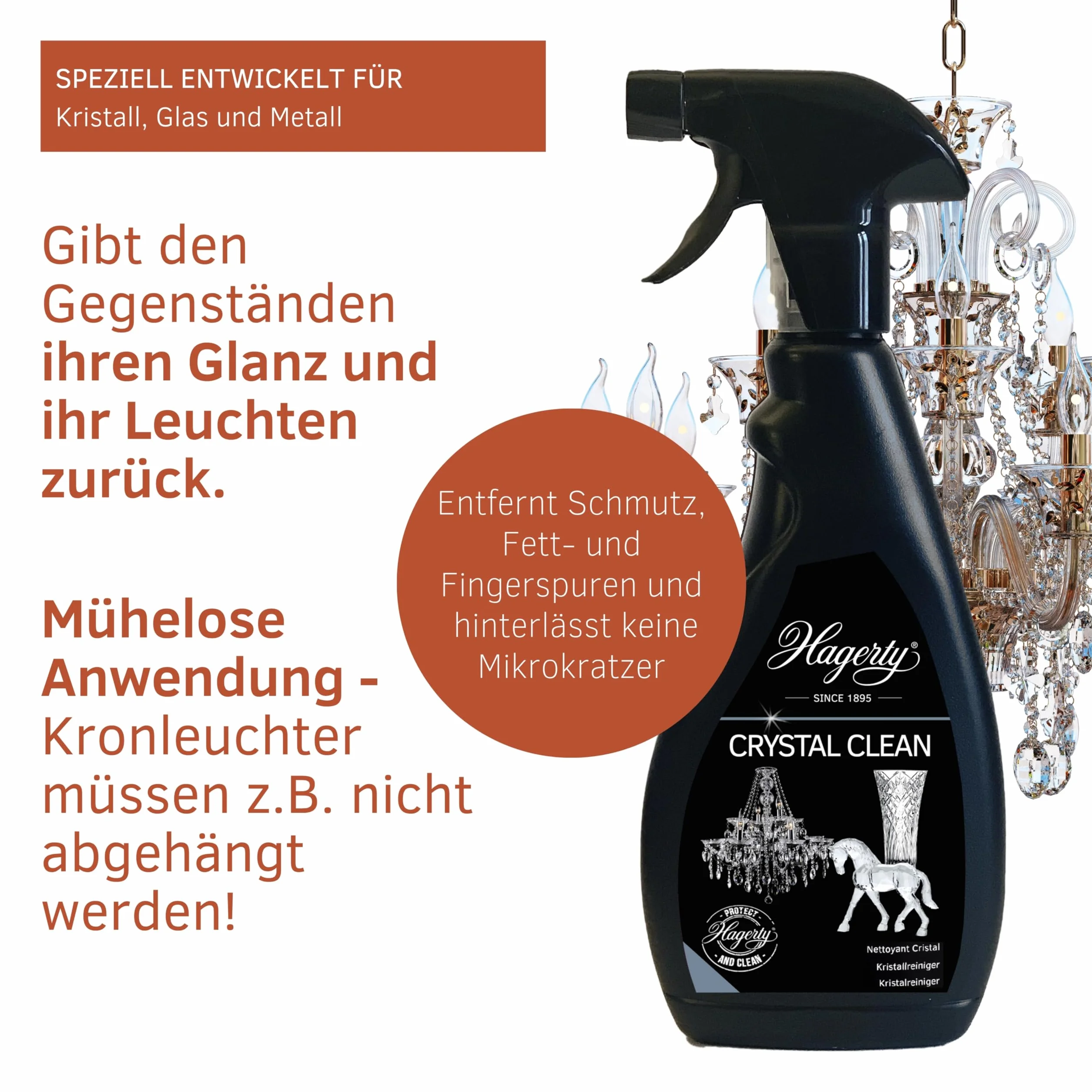 Hagerty Zestaw 2 x Crystal Clean kryształowy środek czyszczący w sprayu po 500 ml, skuteczny środek czyszczący do żyrandola, spray czyszczący do łatwego czyszczenia i pielęgnacji świeczników ze szkła