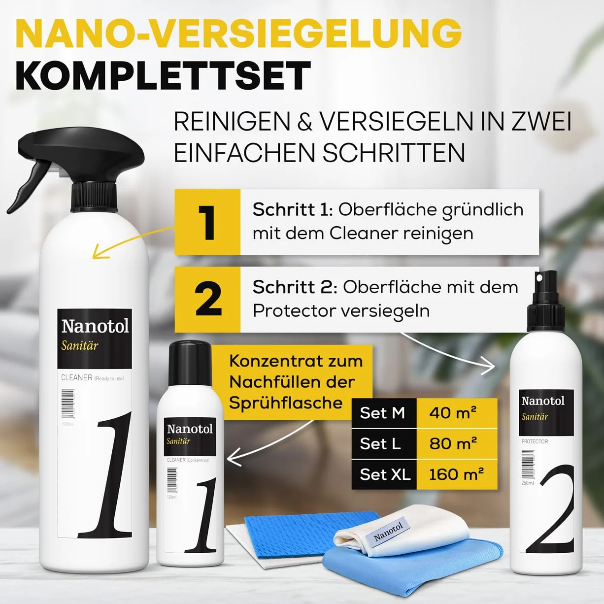 Profesjonalny zestaw do uszczelniania łazienkowego z efektem lotosu, nano-powłoka, zestaw sanitarny Nanotol z Cleaner & Protector + ściereczki z mikrofibry do ochrony przed kamieniem do kabiny prysznicowej, ceramiki, płytek - zestaw "M" na 40 m²