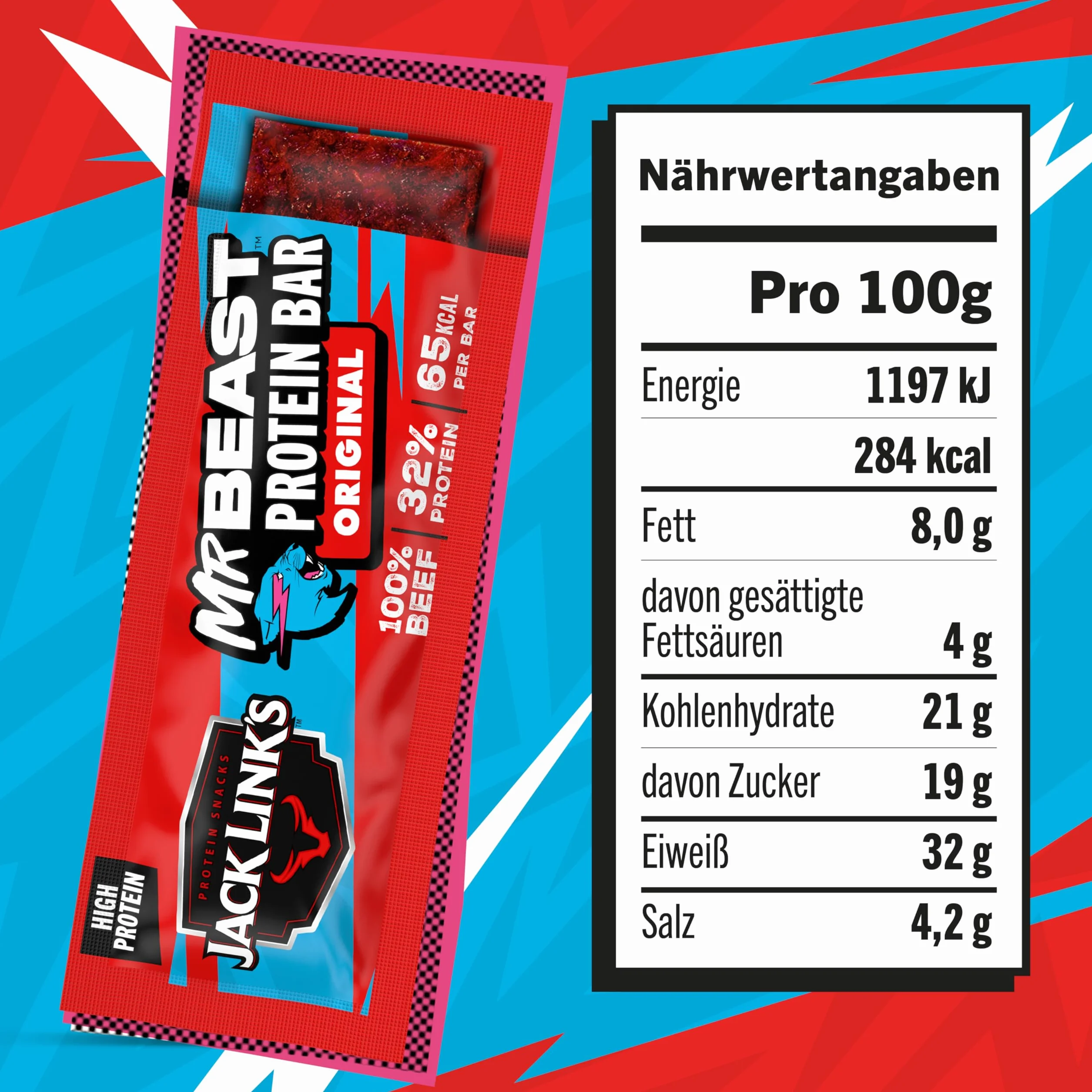 Jack Link's Original Proteinowy Baton z Wołowiny, Niskowęglowodanowe Batony Proteinowe, Baton Energetyczny, Przekąska Podczas Podróży i na Siłownię, Treningi, Wysokobiałkowa Przekąska (30 x 22.5 G)