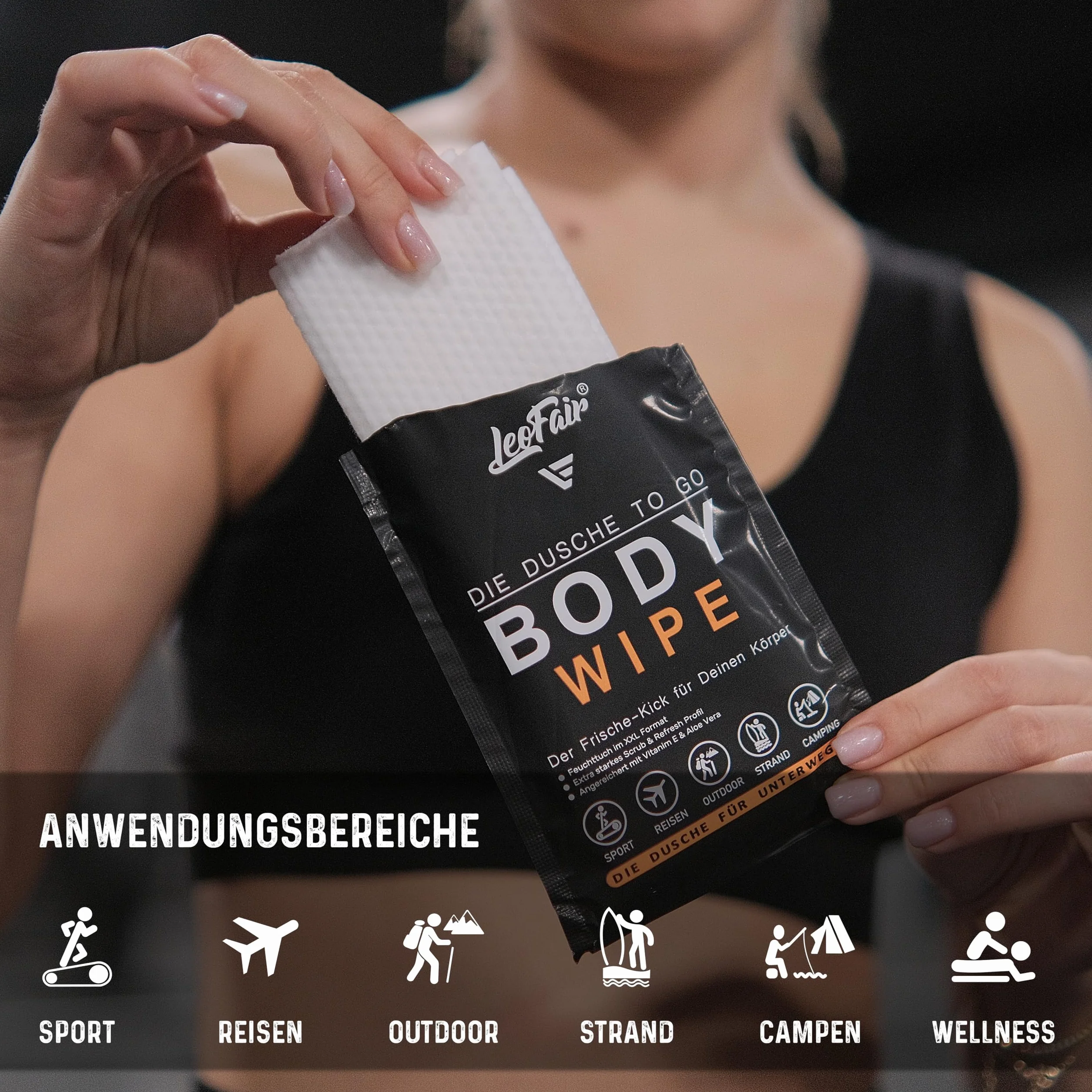 Body Wipes jednorazowe ściereczki XXL – wilgotne ściereczki do mycia w podróży, na kemping, festiwal i w podróży – 10 dużych chusteczek nawilżanych pakowanych pojedynczo do twarzy i ciała