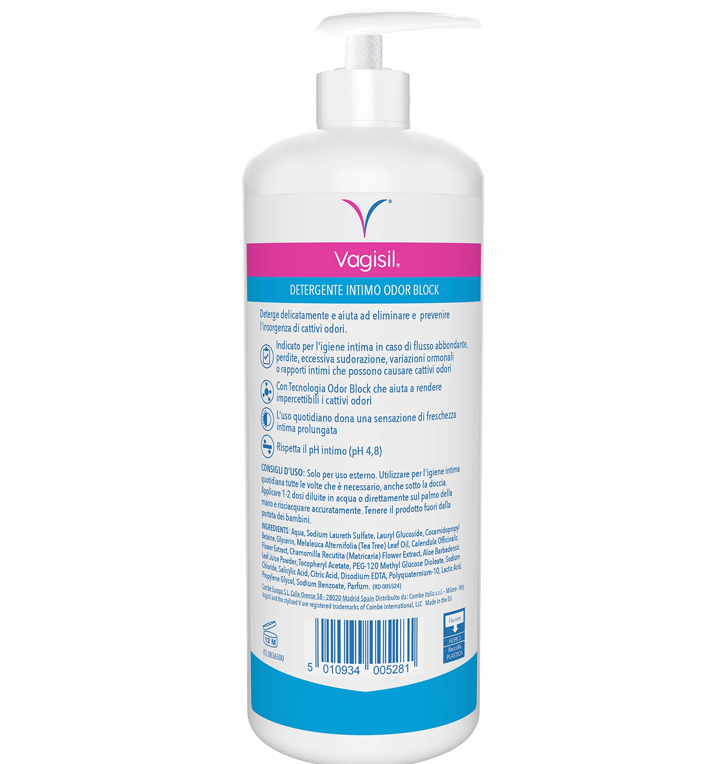 Vagisil Damska bielizna Odor Block, Codzienna higiena, Mydło Bielizna Kobieta, Odświeżający, Z Aloe Vera, 24h Ochrona Zapachów, 500 ml