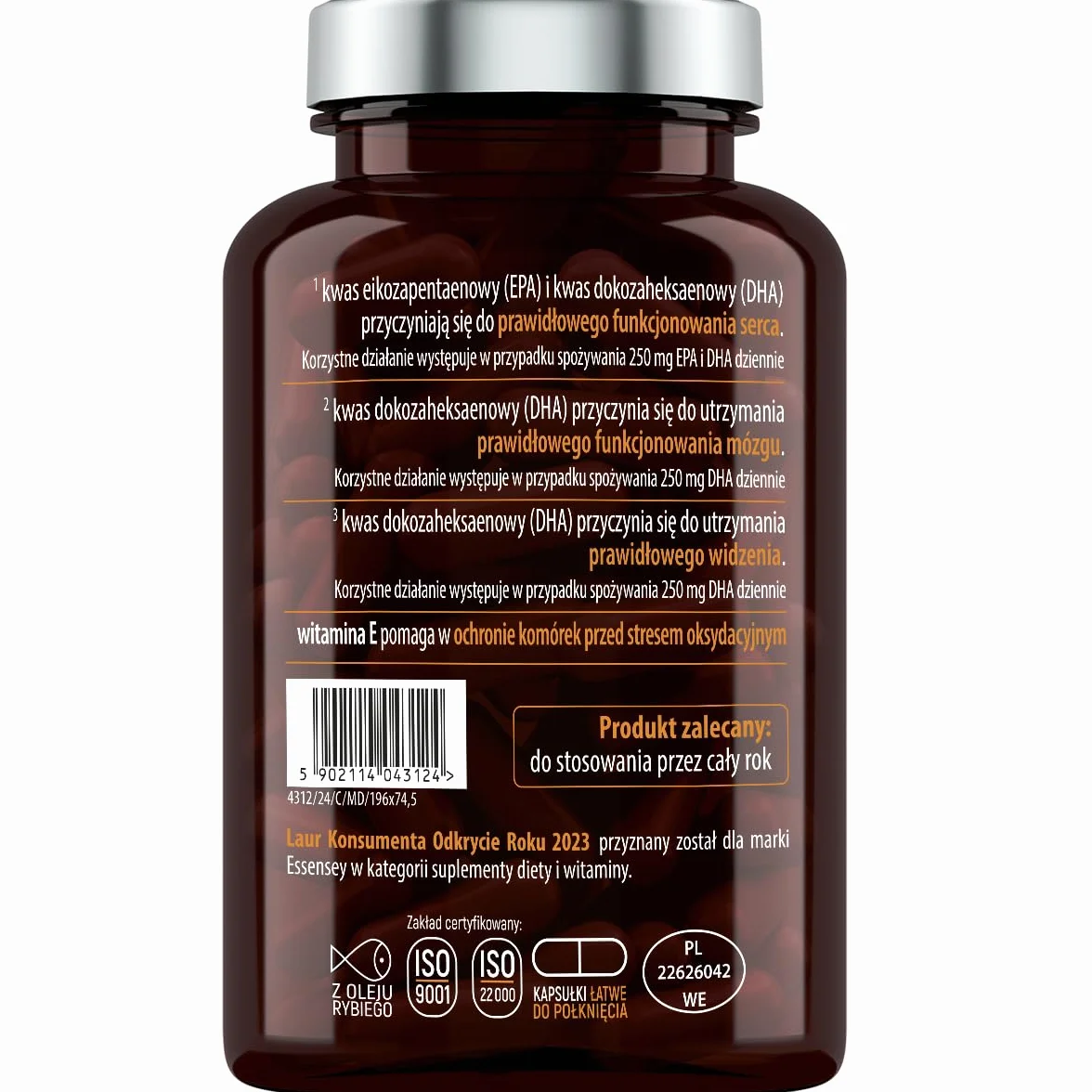 ESSENSEY - Omega 3 I 3000mg oleju rybiego w porcji dziennej I 90 Kapsułek I Witamina E I z EPA i DHA I Łatwe do połknięcia