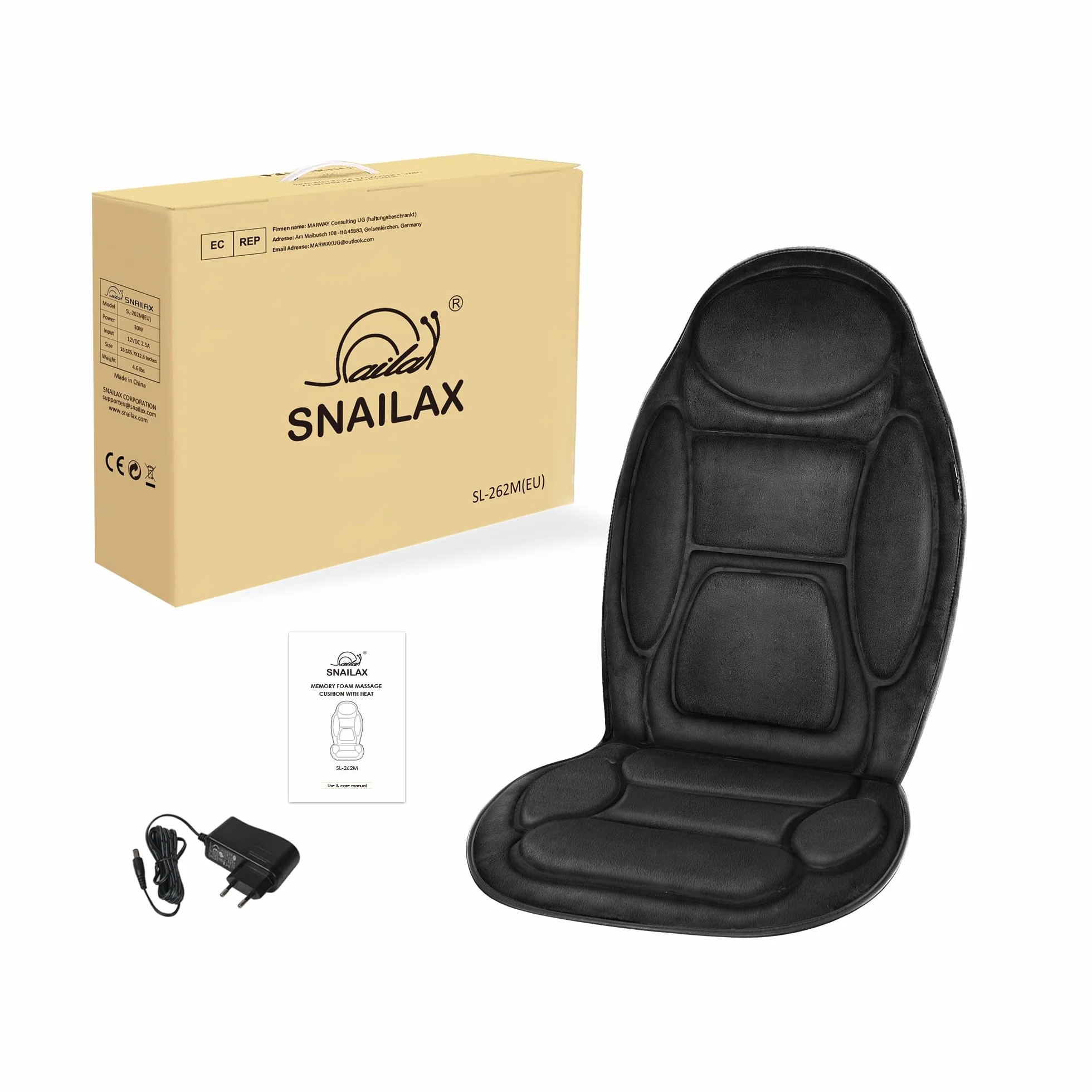 Snailax Poduszka do masażu z pianki memory z ciepłem, masażer pleców, czarna