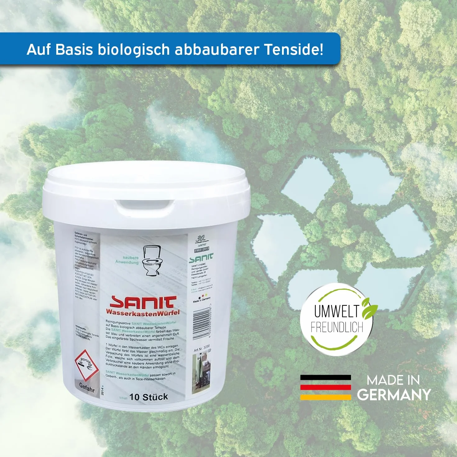 Sanit kostki do pojemnika na wodę – 10 sztuk, 40 tygodni świeżości w łazience – łącznie ze ściereczką z mikrofibry by Kör4u – Made in Germany