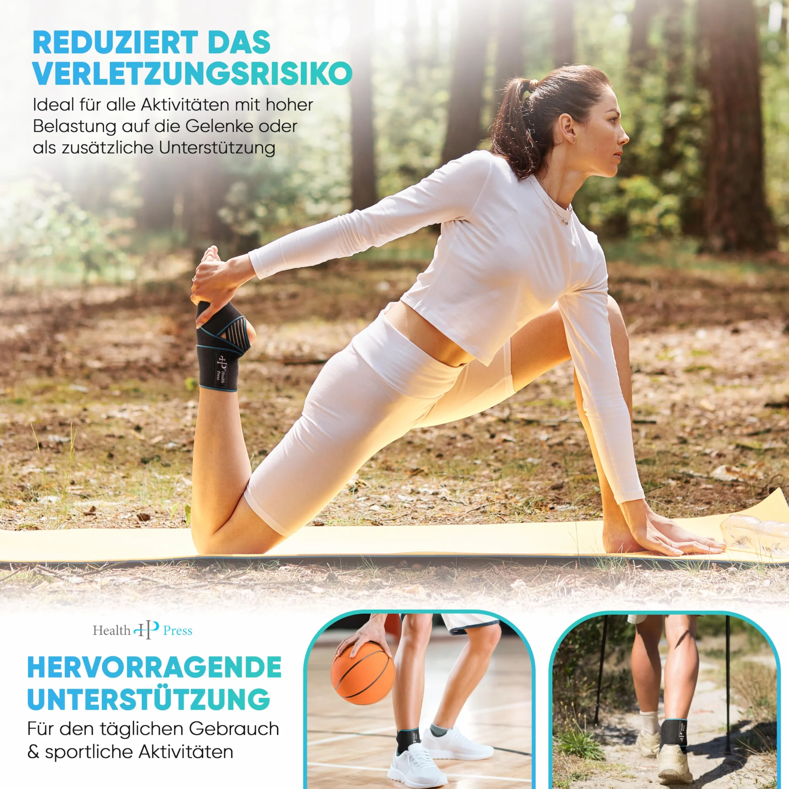 Health Press Uniwersalny bandaż na staw skokowy – 1 x bandaż na kostkę – do zwiększenia stabilizacji i odciążenia stawu skokowego – bandaż podpierający staw skokowy – regulowany bandaż na stopę