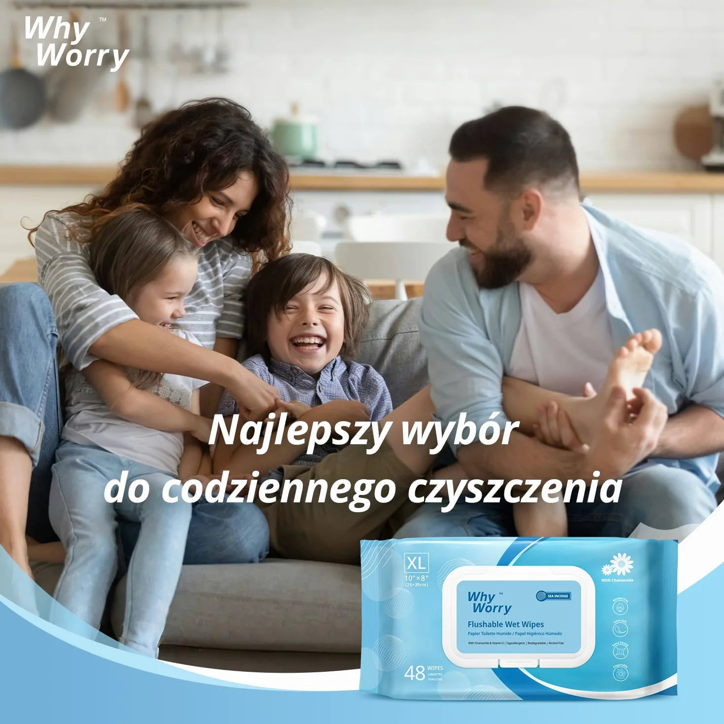 WhyWorry Wilgotny Papier Toaletowy Spłukiwalny 20x25cm Duże Nawilżany z Rumiankiem Biodegradowalny Bez Plastiku 144 Sztuk