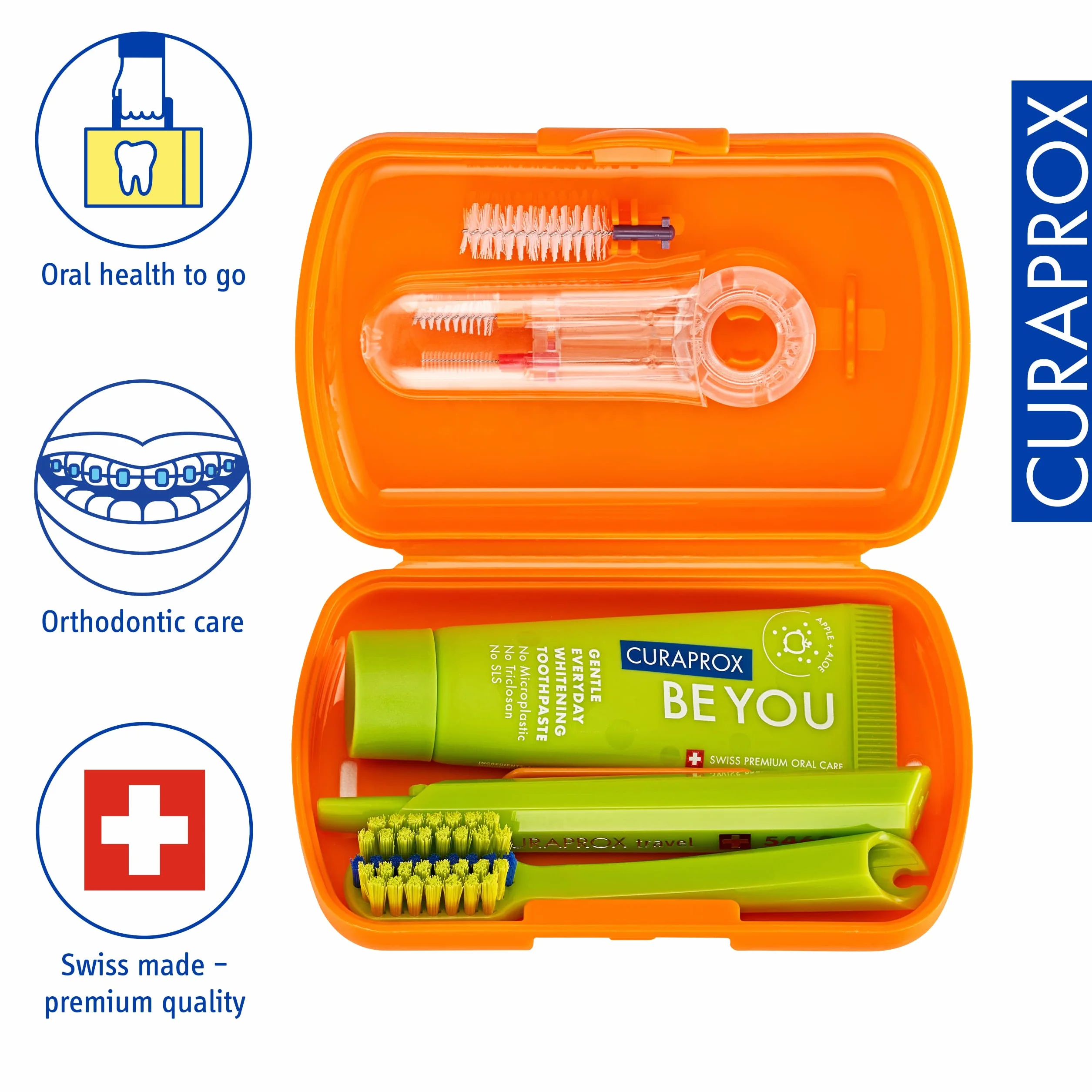 Curaprox Ortho Travel Set-Szelki i pielęgnacja jamy ustnej w podróży/Ultra miękka szczoteczka + wybielająca pasta do zębów/kompaktowy zestaw do higieny ortodontycznej/Made in Switzerland