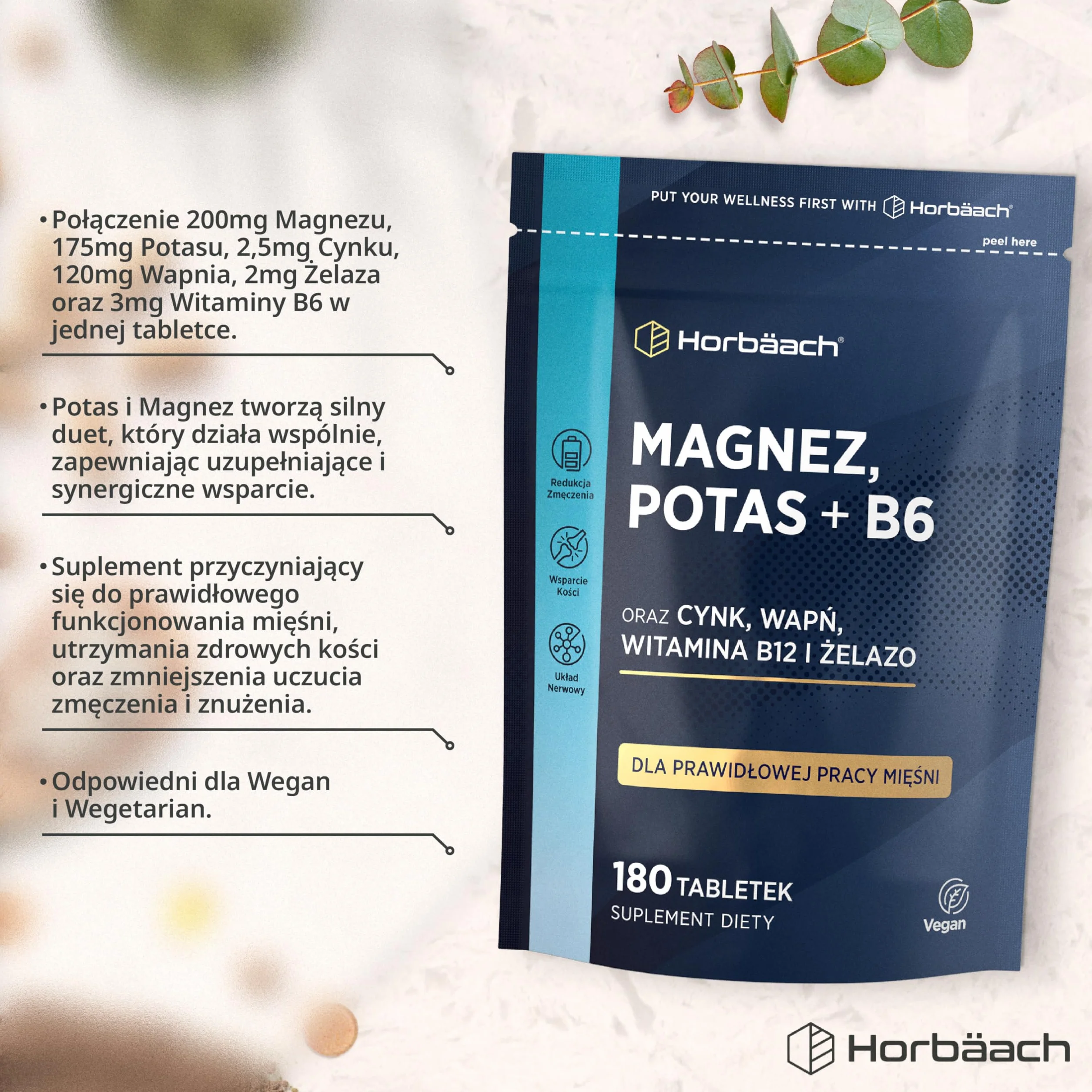 Magnez, Potas i Witamina B6 w Tabletkach | Kompleks z Cynkiem, Wapniem, Witaminą B12 i Żelazem | Kompleks Witamin i Minerałów | 180 Wegańskich Tabletek - Zapas Na 6 Miesięcy | marki Horbaach