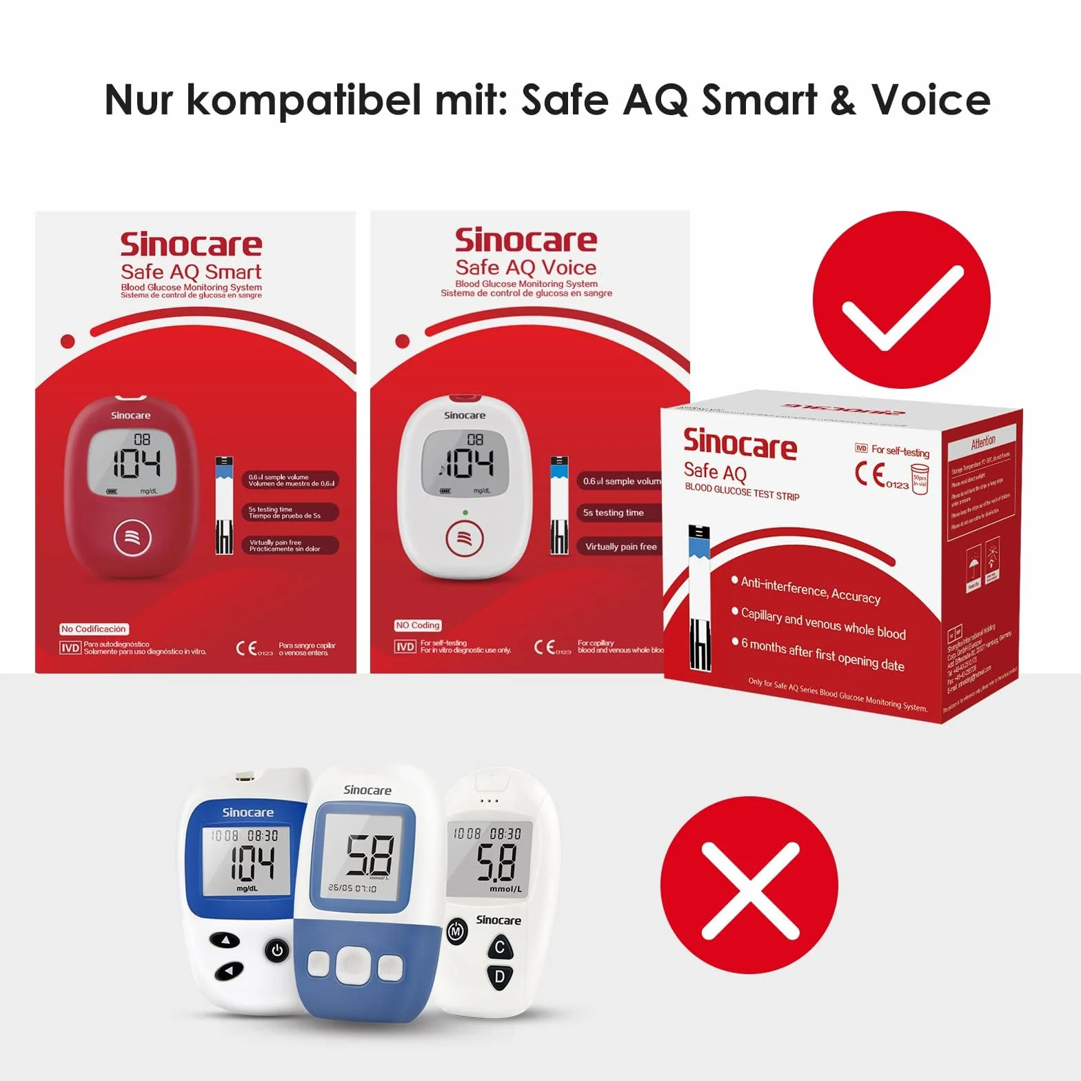 Sinocare Paski do testowania cukru we krwi 100 sztuk z lancetami 100 sztuk do Safe AQ Smart i Safe AQ Voice