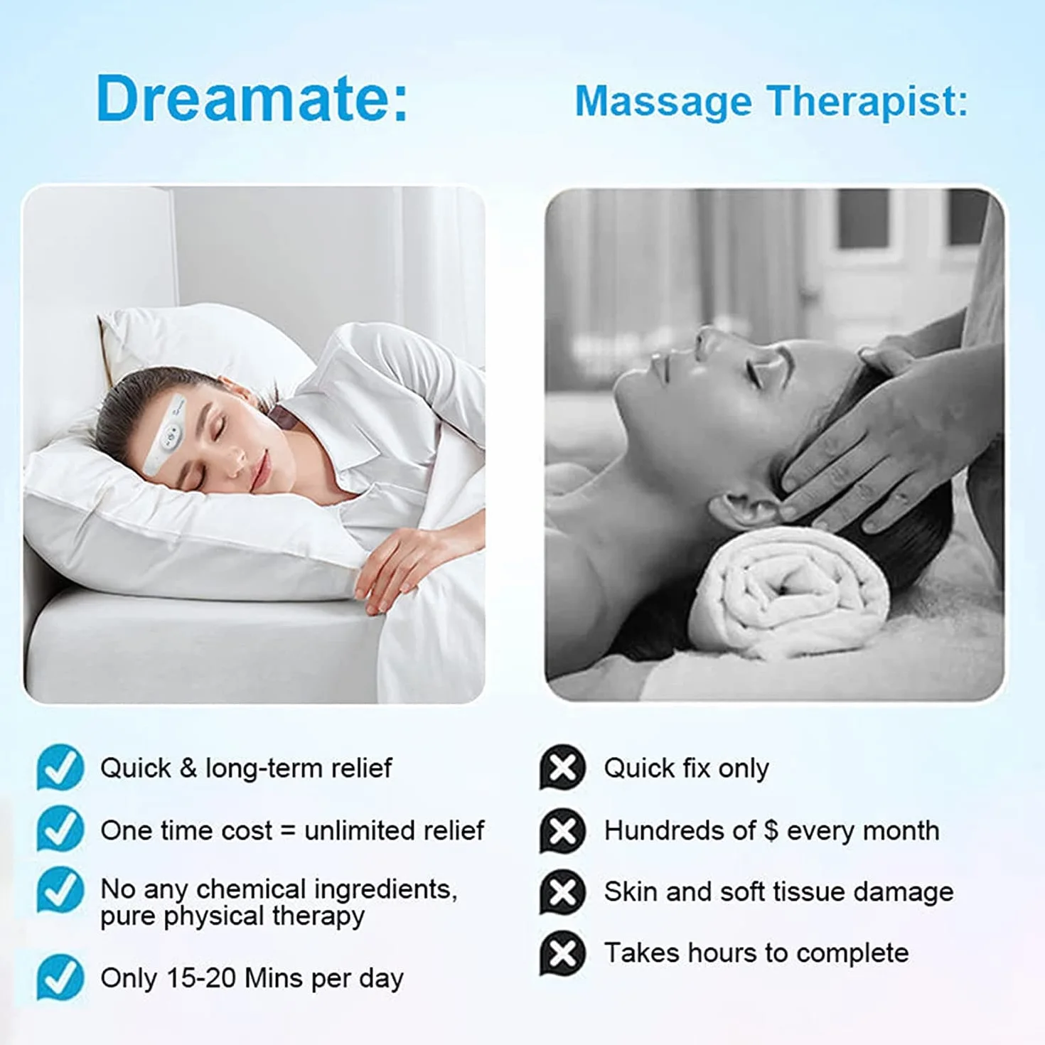 Dreamate TENS+ masażer do spania łagodzący bóle głowy, elektryczny masażer do głowy, mikroprąd urządzenie wspomagające sen Bezsenność Instrument do spania Ulga w ciśnieniu