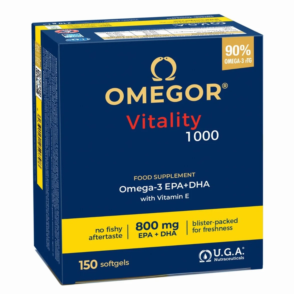 OMEGOR Vitality 1000 – suplement diety z 1000 mg omega 3 – witamina E – dla serca i mózgu – 90% stężenia omega-3 – certyfikat IFOS 5-gwiazdkowy – 150 kapsułek