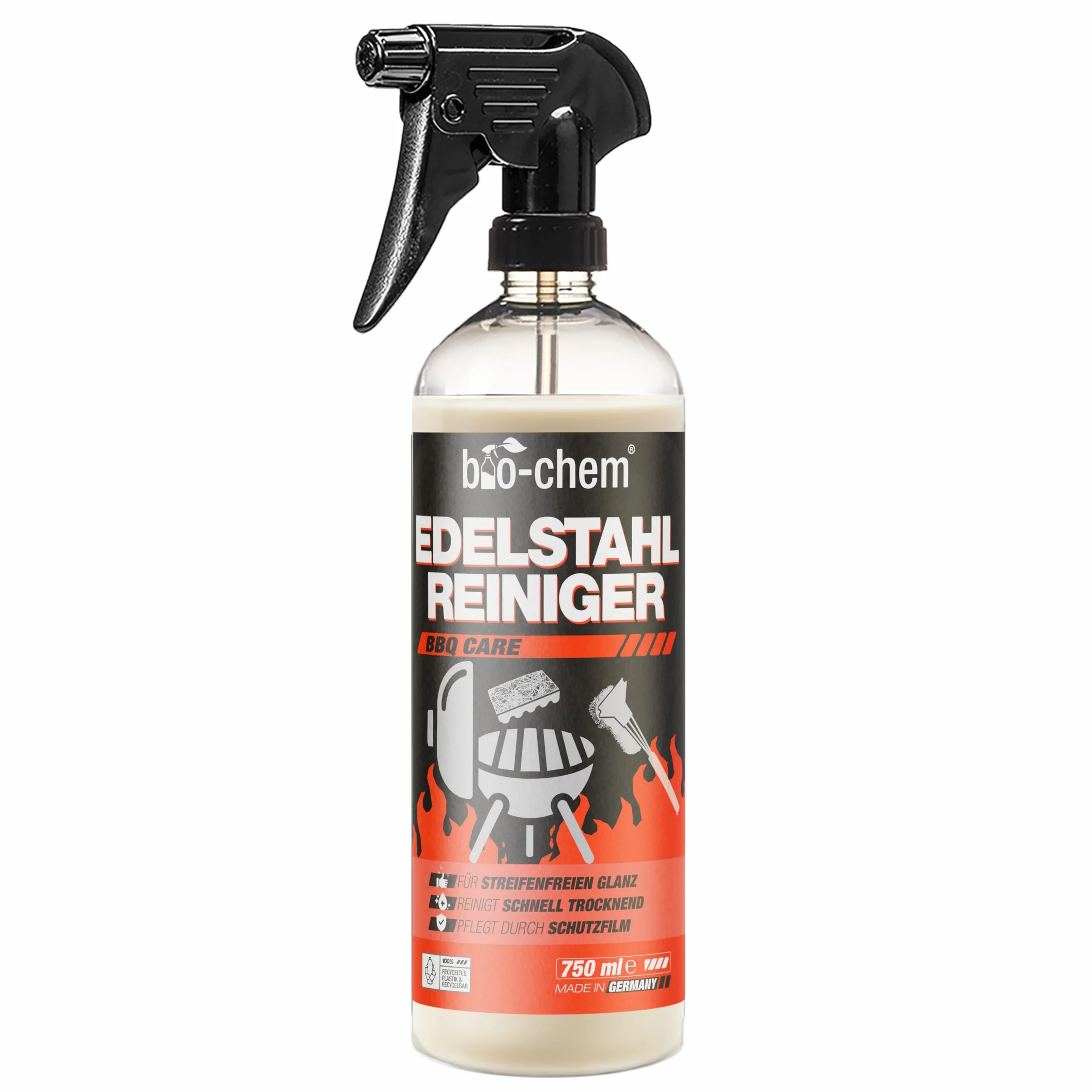 bio-chem Środek do czyszczenia stali nierdzewnej – 750 ml – spray do pielęgnacji kuchni, gospodarstwa domowego i grilla ze stali nierdzewnej, aluminium i chromu – pielęgnacja stali nierdzewnej