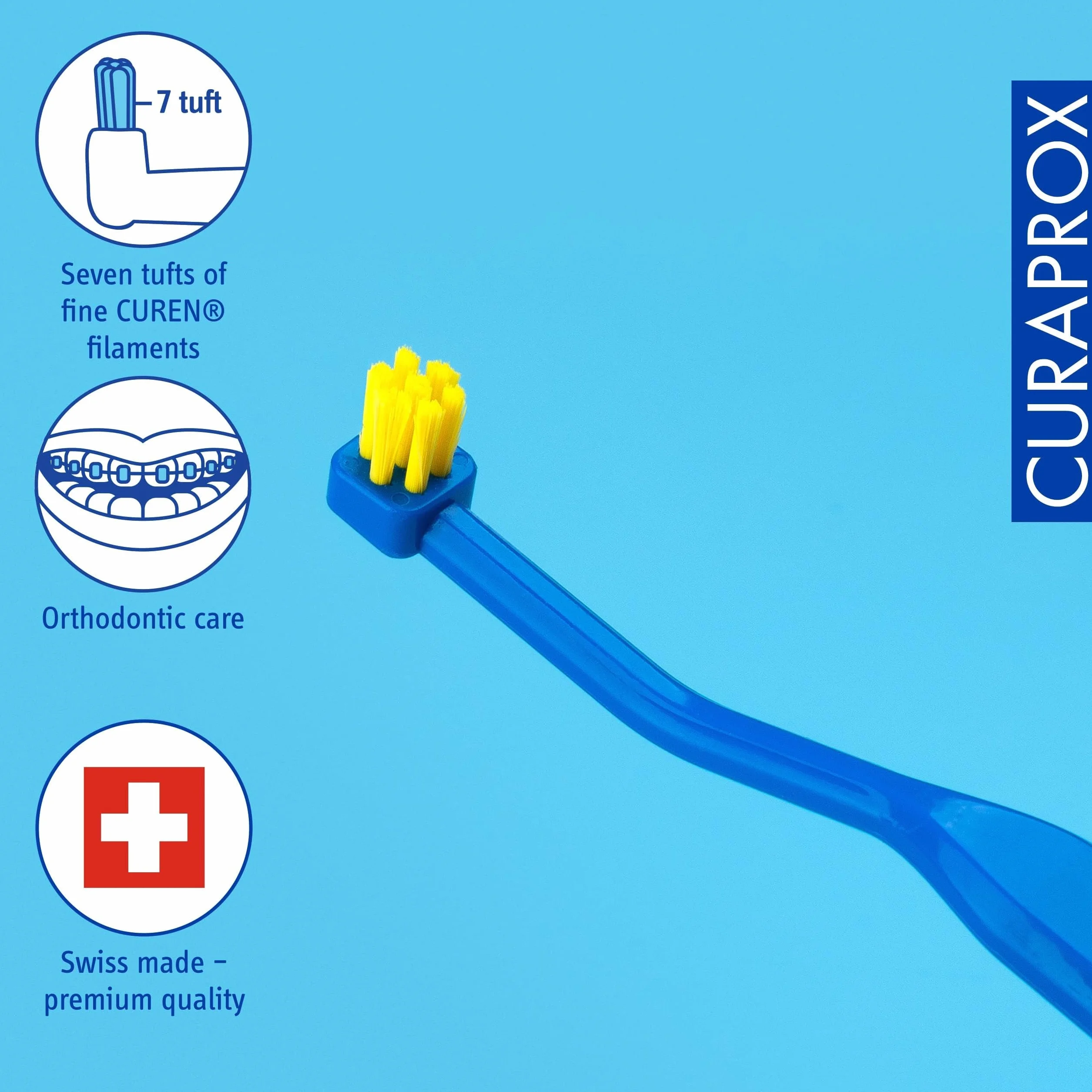 Curaprox implant toothbrush-do implantów, aparatów ortodontycznych i trudnych miejsc/Elastyczna głowica do precyzyjnego czyszczenia/Niebiesko-żółty/pojedyncze opakowanie/Made in Switzerland