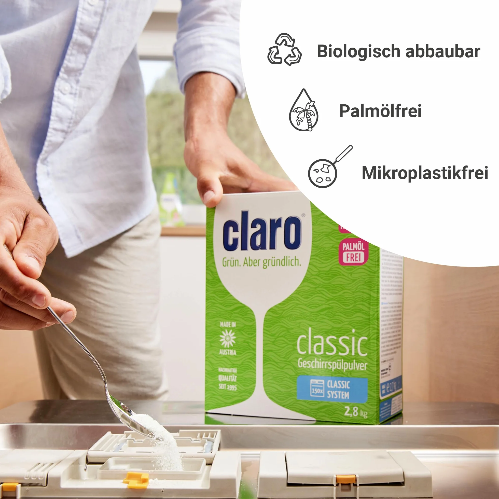 claro Classic Öko proszek do mycia naczyń, 2,8 kg, proszek do zmywarki, nie zawiera fosforanów, przyjazny dla środowiska i wegański - 155 cykli mycia