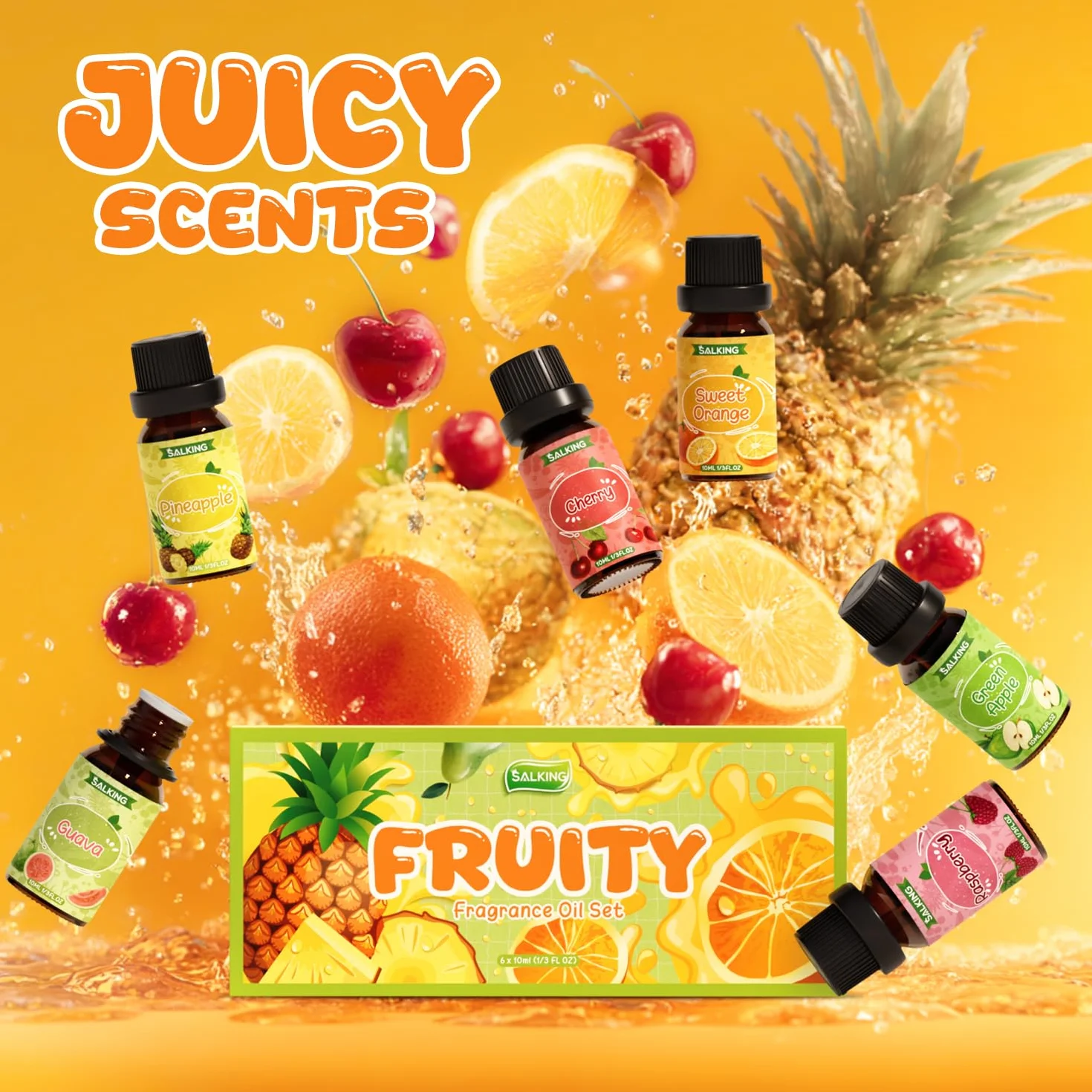 SALKING Zestaw olejków eterycznych z owoców, 6 x 10 ml, 100% aromaterapii, zestaw prezentowy do dyfuzora, nawilżacza powietrza, masażu, wiśni, ananasa, malin, słodkiej pomarańczy, guawy, zielonego