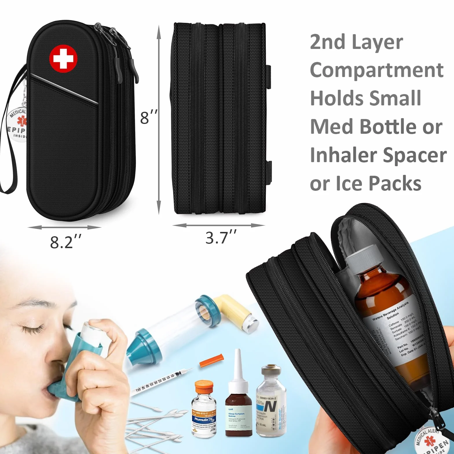 SITHON EpiPen medyczna torba do przenoszenia z breloczkiem do kluczy Epipen Inside, przenośny, dwuwarstwowy organizer na 2 EpiPens, inhalator na astmę, antyhistaminowy, Auvi-Q,, czarny, THJFA42EU