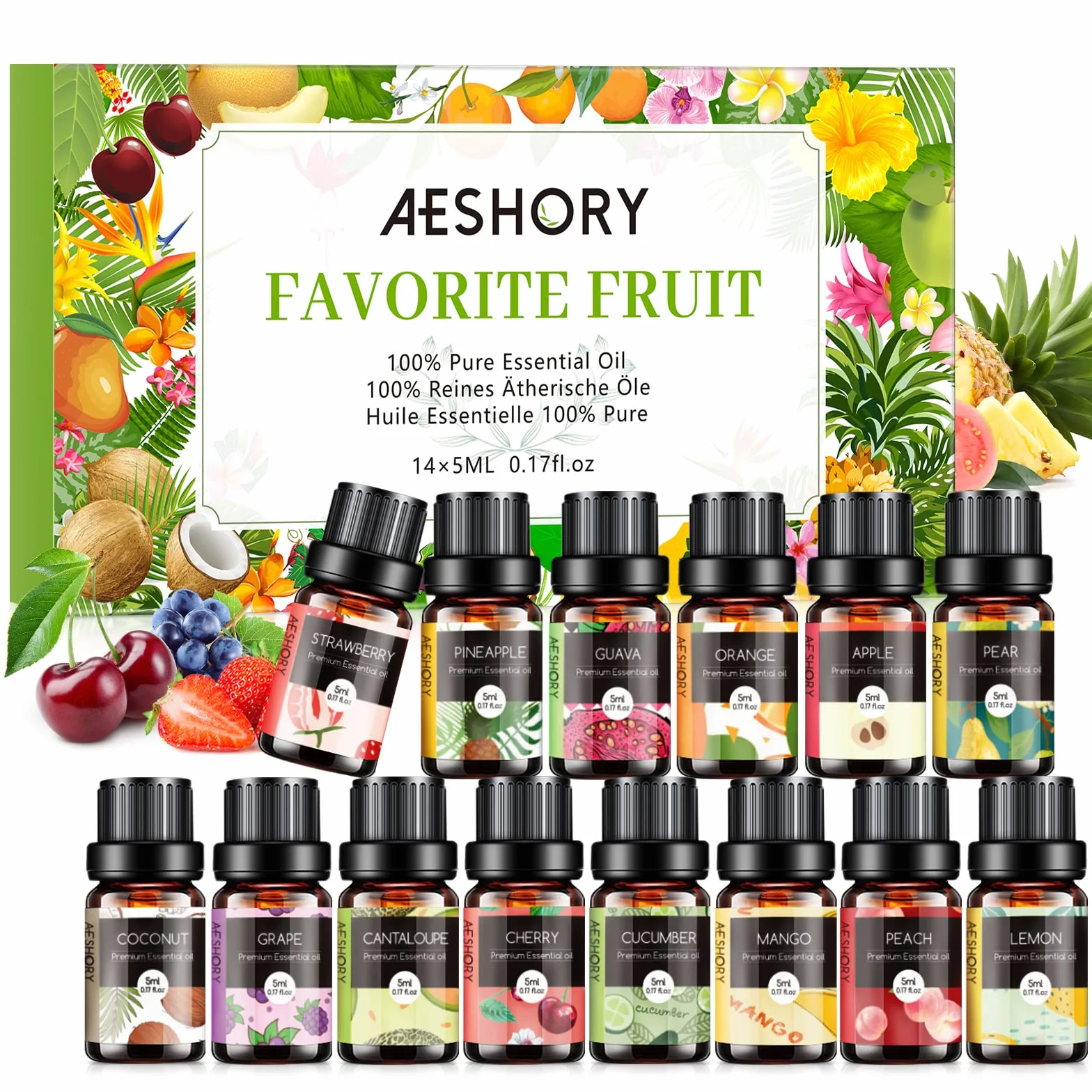 Aeshory Zestaw Olejków Eterycznych O Smaku Owocowym, 14 x 5ml Olejek Zapachowy Premium Do Aromaterapii, Dyfuzorów, Mydeł I Świec – Truskawka, Jabłko, Ananas, Ogórek, Melon, Wiśnia, Mango, Cytryna