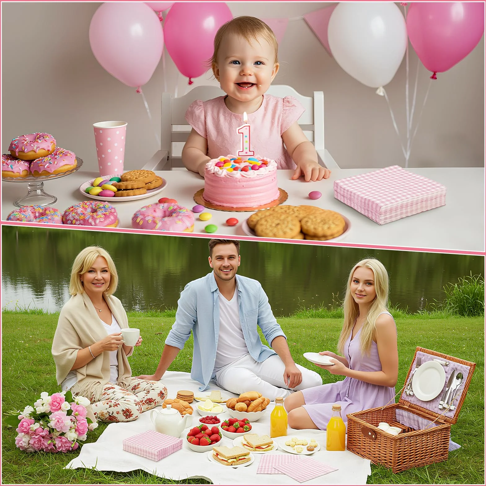 Różowe papierowe serwetki w kratkę 16,5 cm 2-warstwowe jednorazowe na wesela baby shower