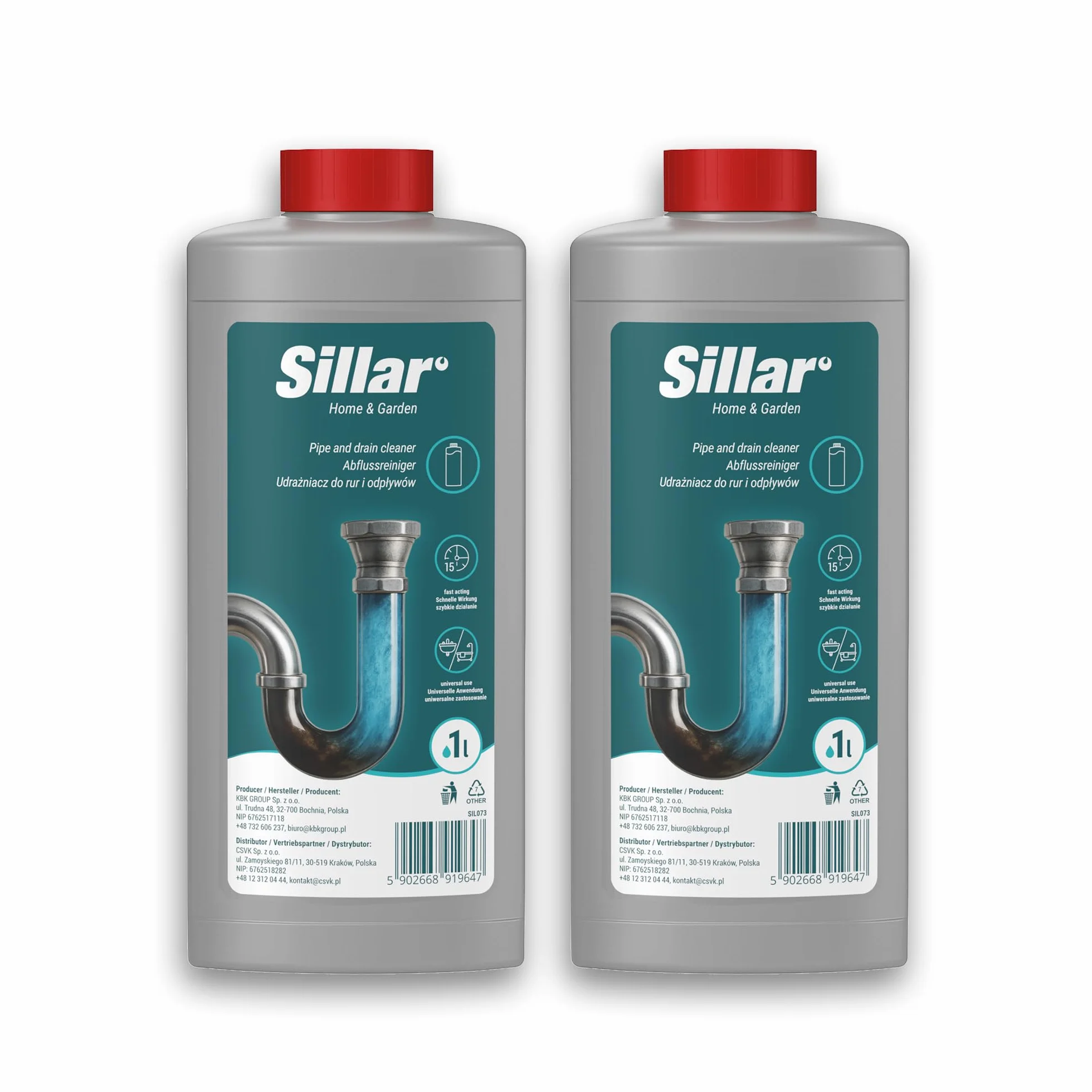 Sillar Żel do udrażniania rur 2x 1000ml EXTRA MOCNY, rozpuszcza włosy, tłuszcz i resztki – do kuchni, prysznica i WC, efekt piany