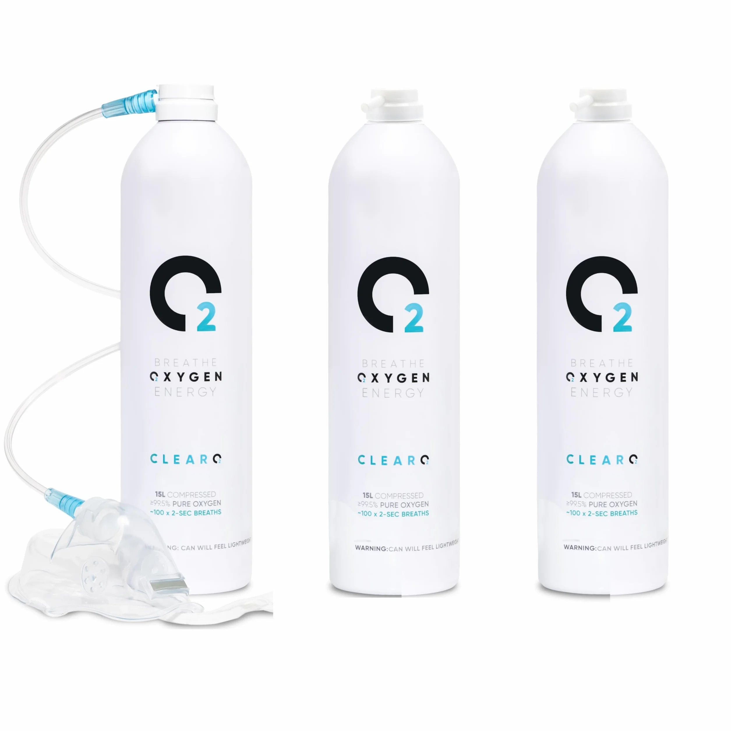 ClearO2 Puszka tlenowa 15 l z maską i tubką, czysty tlen do oddychania, aluminiowy kanister, 15 l (1 pełny zestaw + 2 wymienne puszki)