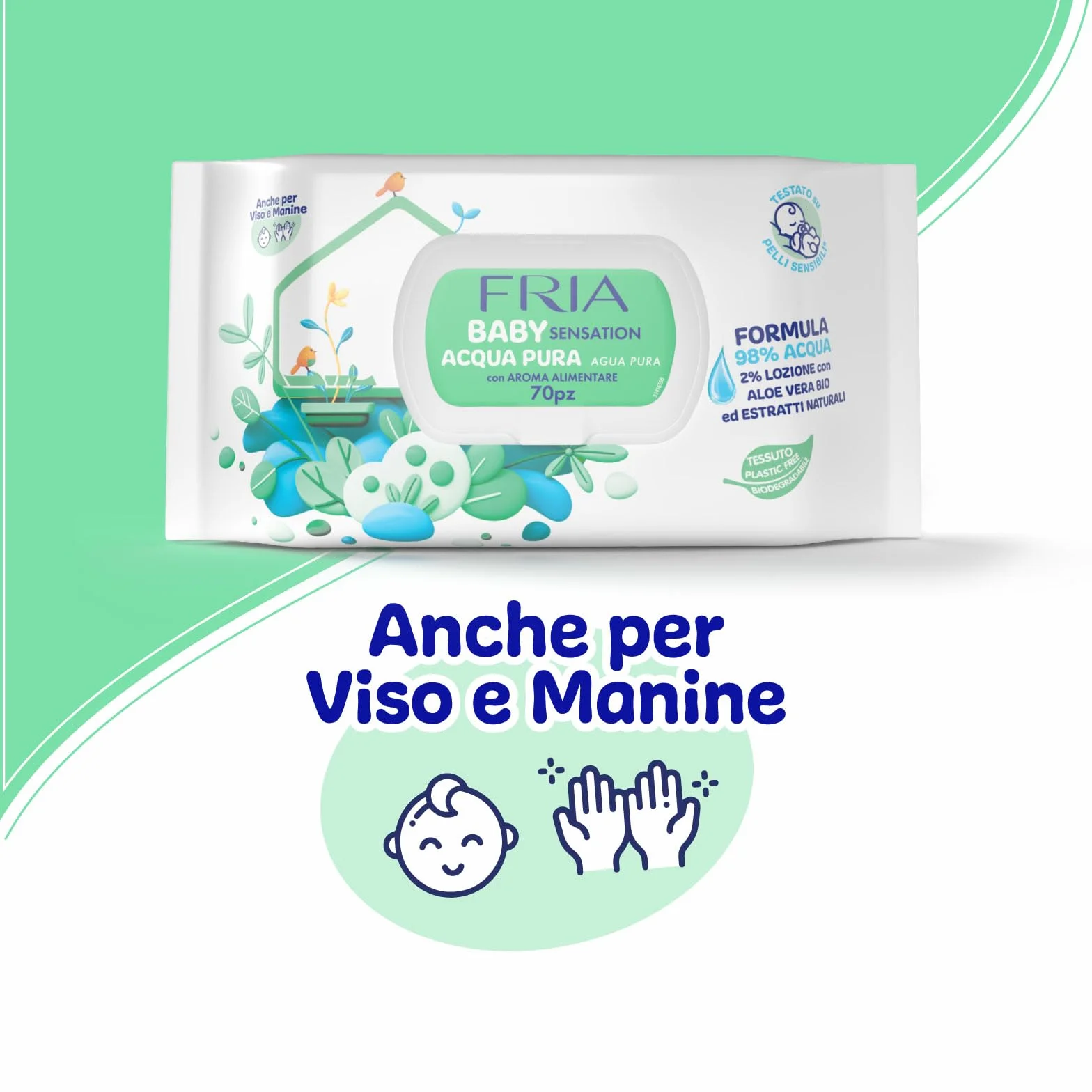 Fria Baby Sensation czysta woda Chusteczki do zmiany pieluch, formuła z 98% oczyszczoną wodą o działaniu oczyszczającym skórę, testowane dermatologicznie, 70 chusteczek