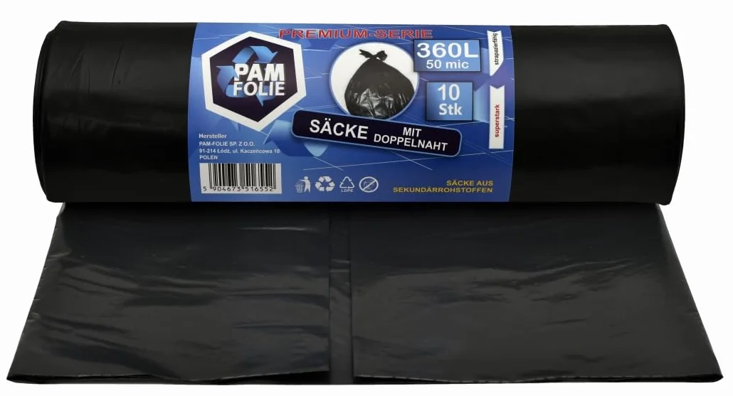 Worki na Śmieci 360L - 10 Sztuk - XXL, Duże, Bardzo Mocne, Grube - Premium 120x150cm - 50µm - Czarne - Na Gruz, Odpady Styropianowe