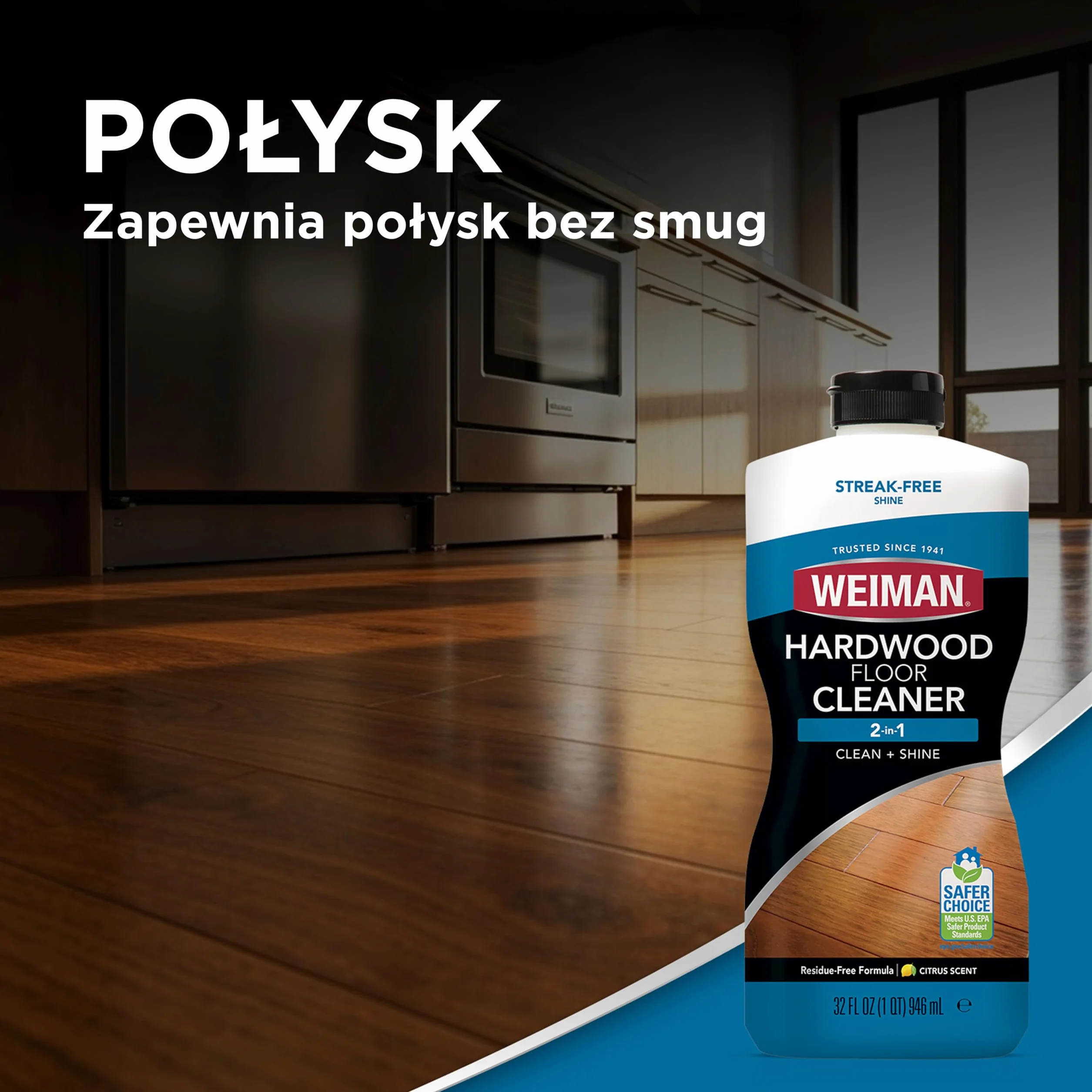 Weiman Zestaw do czyszczenia podłóg z twardego drewna i polerki, zestaw 2 szt. - Podłoga z twardego drewna o dużym natężeniu ruchu, naturalny połysk, usuwa zadrapania, pozostawia warstwę ochronną