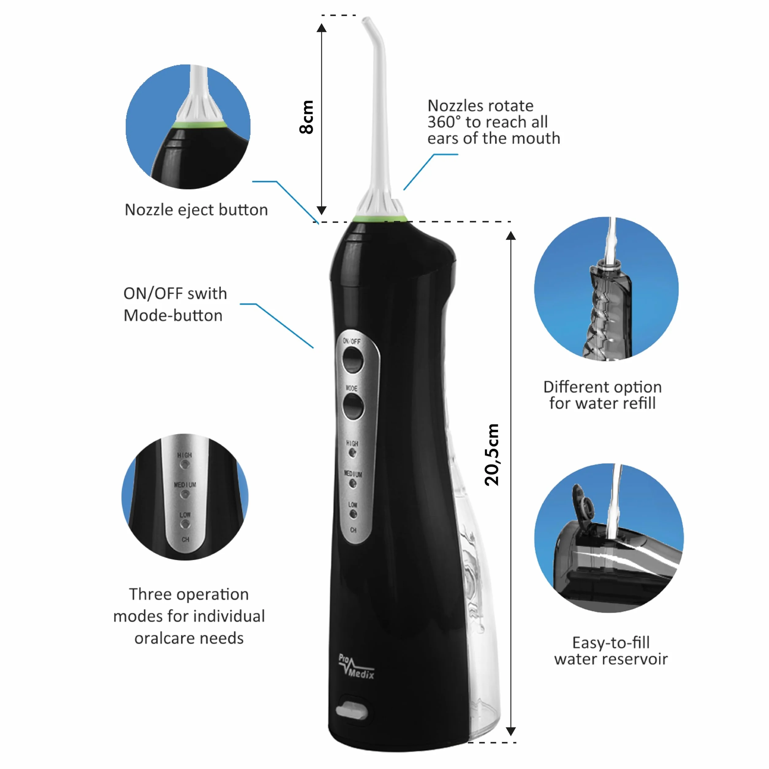 ProMedix PR-770W Irygator Bezprzewodowy 8,5 Bar IPX7 USB Czyszczenie i Masaż Dziąseł Czyszczenie Aparatów (Czarny)