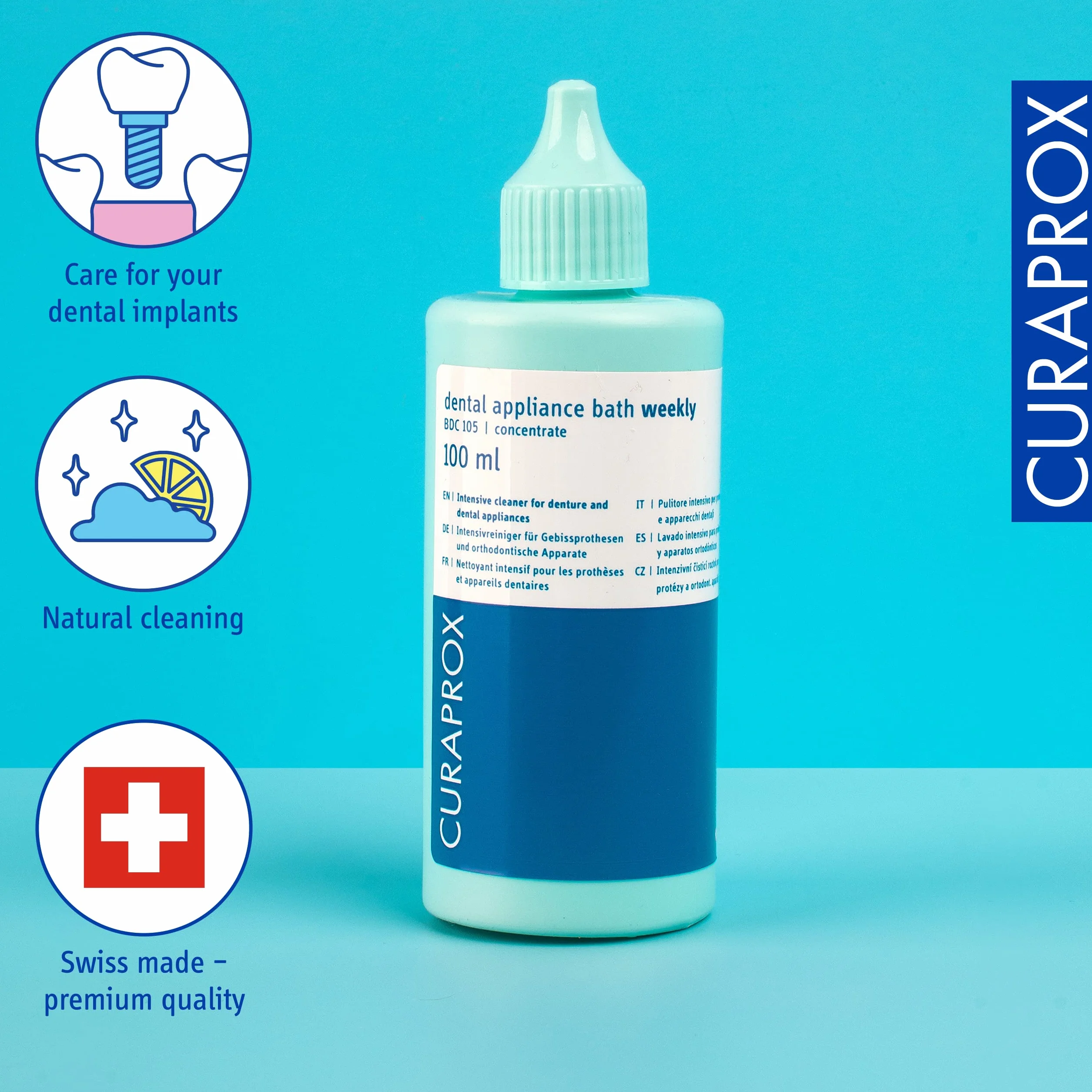 Curaprox BDC 105 Cotygodniowe czyszczenie 100ml Koncentrat-do protez i uchwytów/delikatna formuła z kwasem cytrynowym i olejem eukaliptusowym/zaprojektowany w Szwajcarii