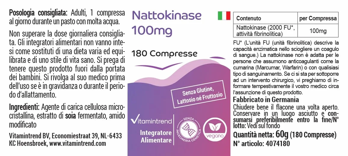 Vitamintrend Nattokinase 100mg, 180 tabletek po 100mg (21.800 FU/g), wysoka dawka, wegański, bez stearynianu magnezu, wyprodukowany w Niemczech