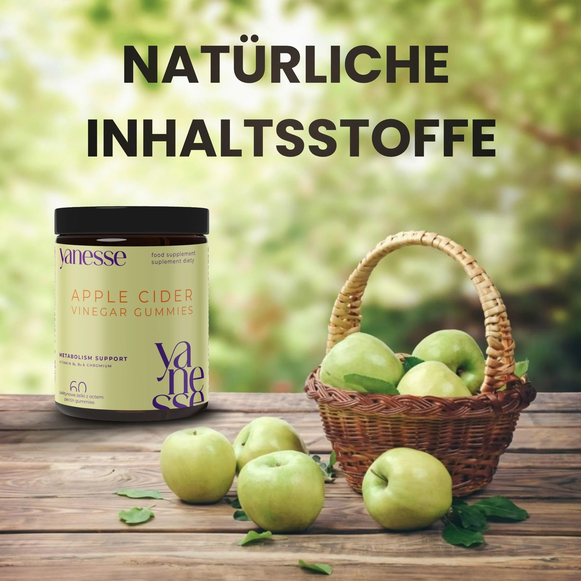 Yanesse Żelki z octem jabłkowym na odchudzanie i metabolizm – 60 wegańskich żelków Apple Cider Vinegar bez cukru – z chromem, witaminą B12 i B6 na trawienie, energię i napady głodu – zapas miesiąc