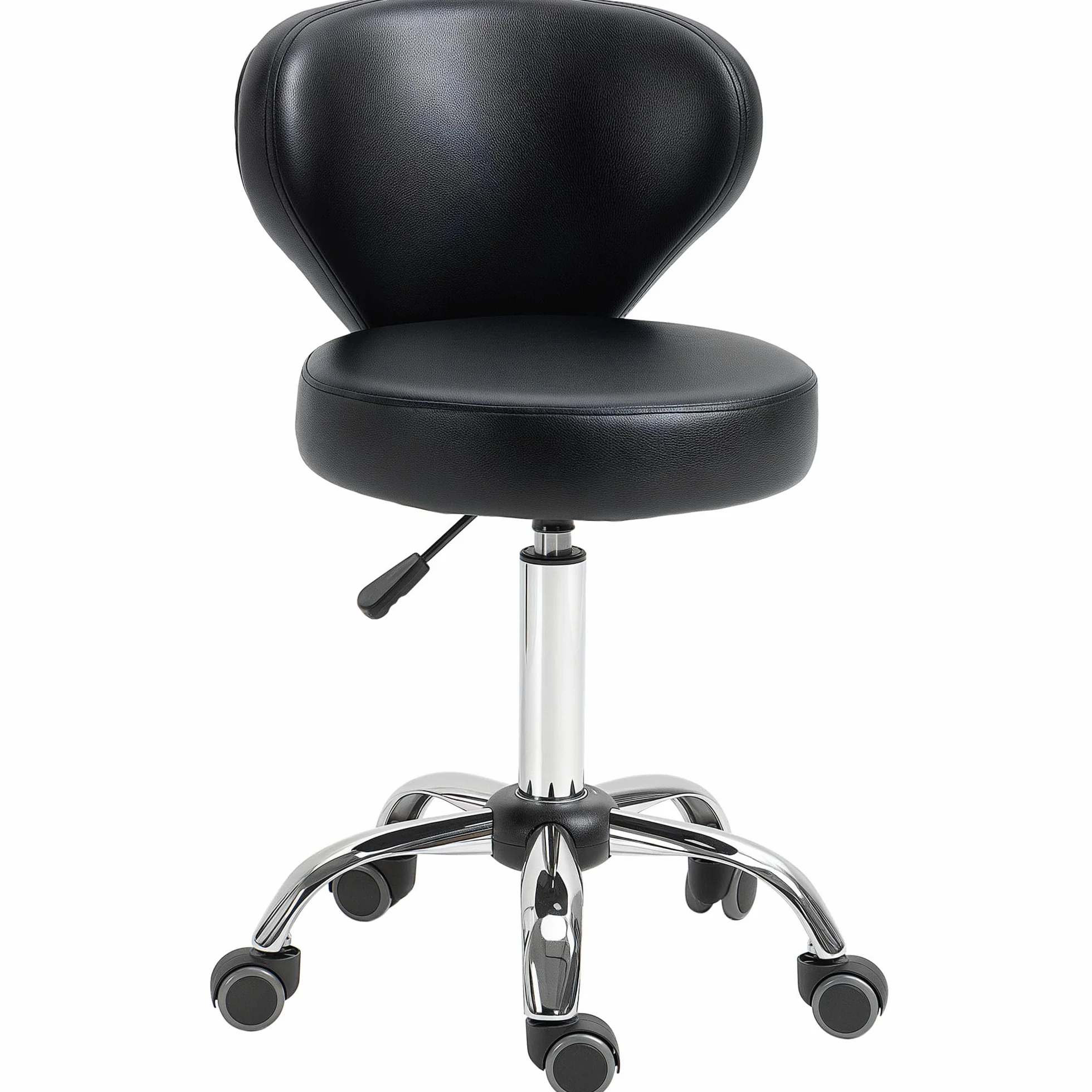 HOMCOM Taboret na kółkach z regulacją wysokości, obrotowy taboret do salonu z oparciem, kółkami, taboret roboczy do biura, salonu, ze sztucznej skóry, 45 x 54 x 73-88 cm, czarny