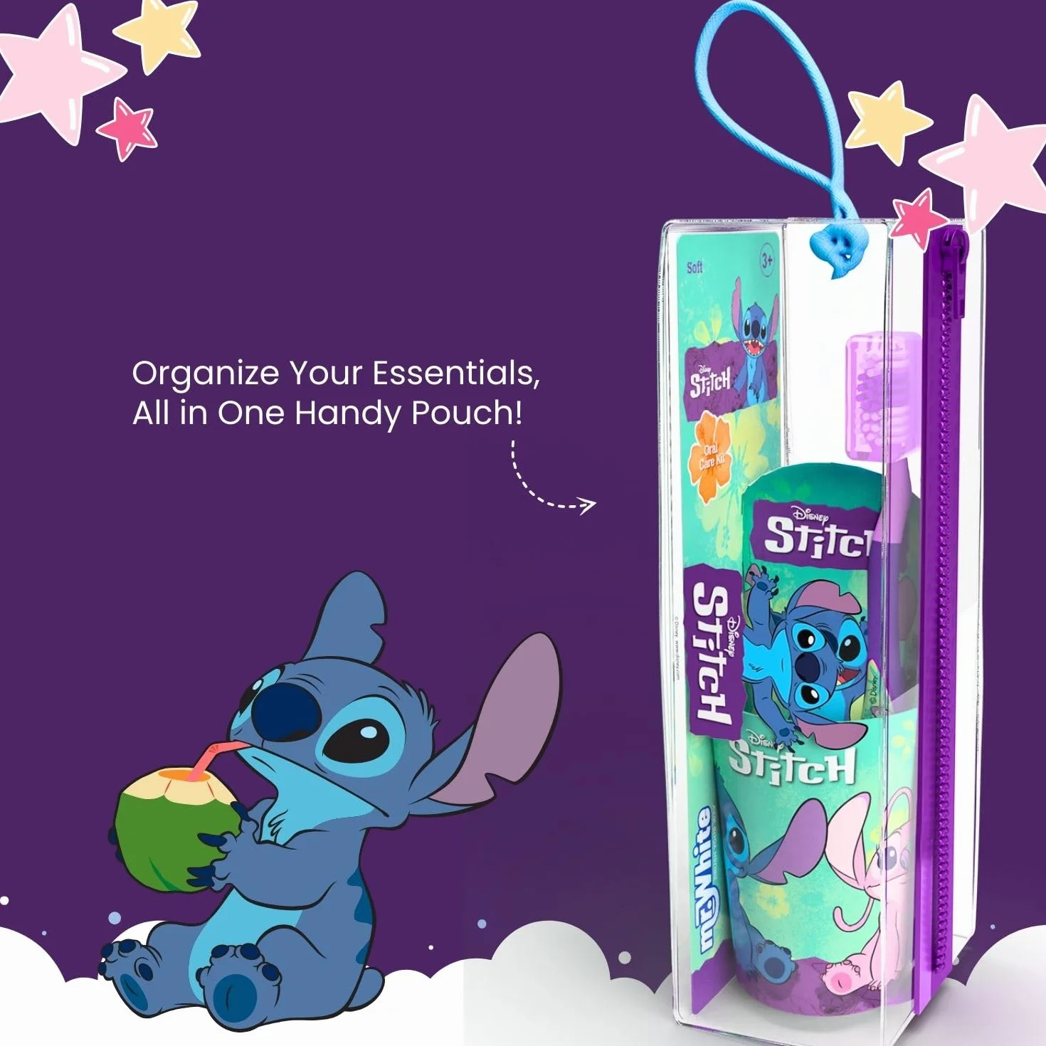 Disney Stitch Zestaw szczoteczek do zębów dla dzieci zawiera szczoteczkę do zębów z nasadką ochronną, przyssawką i miękkim włosiem, pastę do zębów o smaku miętowym i wielofunkcyjną zlewkę dla dzieci