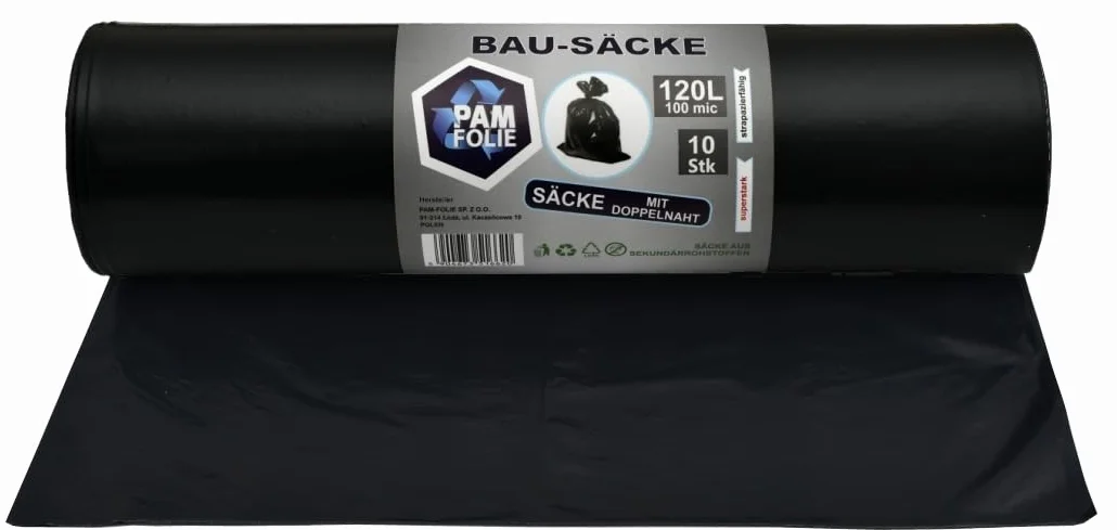 Worki na śmieci 120L - 10 sztuk - Bardzo grube, wytrzymałe worki na śmieci, Professional - 110x70cm - 100µm - czarne worki na śmieci - worki na gruz - worki na odpady gruzowe