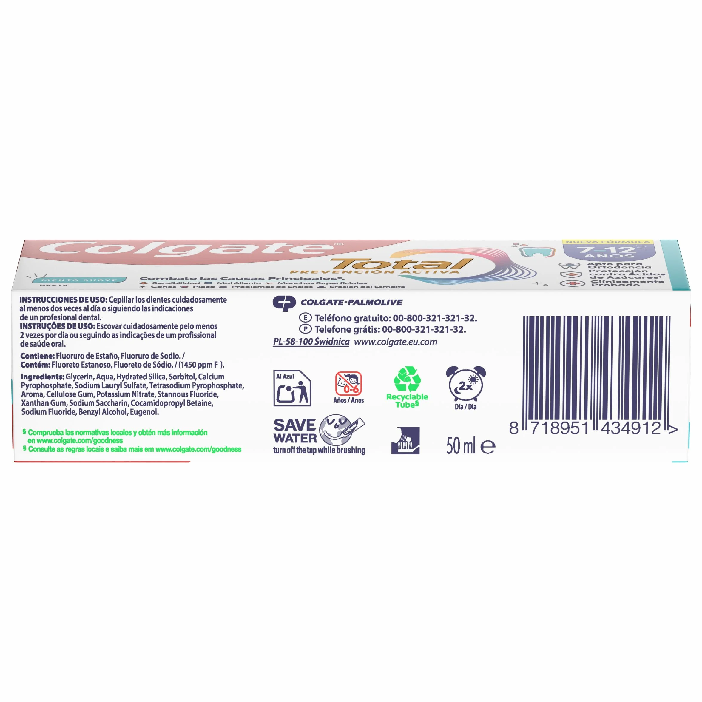 Colgate Total Junior Pasta do zębów dla dzieci, opakowanie 12 sztuk x 50 ml, pełna ochrona, pasta do zębów zawierająca fluor, ochrona przed próchnicą, składniki przeciwbakteryjne, produkt do