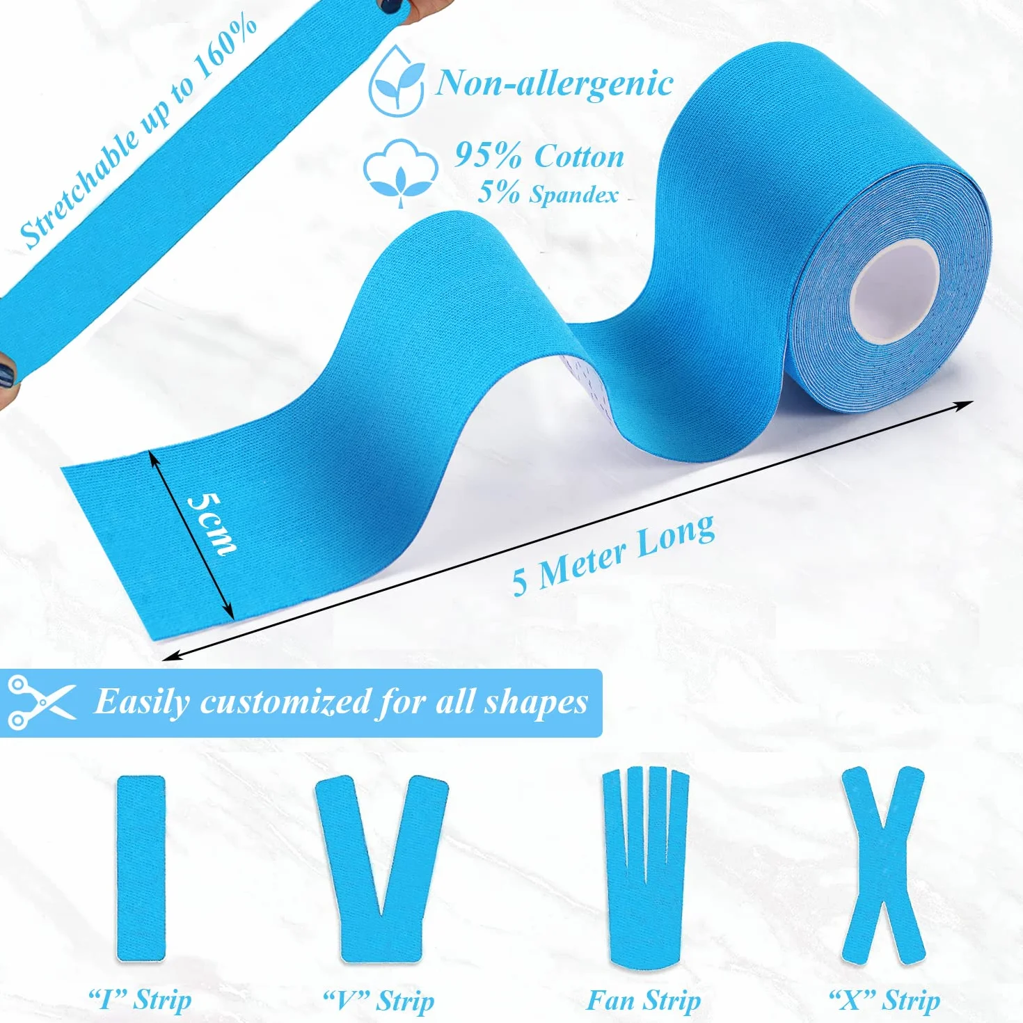 HONYAO® Taśma Kinezjologiczna 2 sztuki, Kinesiotapes(5m×5cm), taśma fizjologiczna na ramię, plecy, kolano, łokieć i szyję, taśma sportowa, przyjazna dla skóry, elastyczna i wodoodporna - niebieski