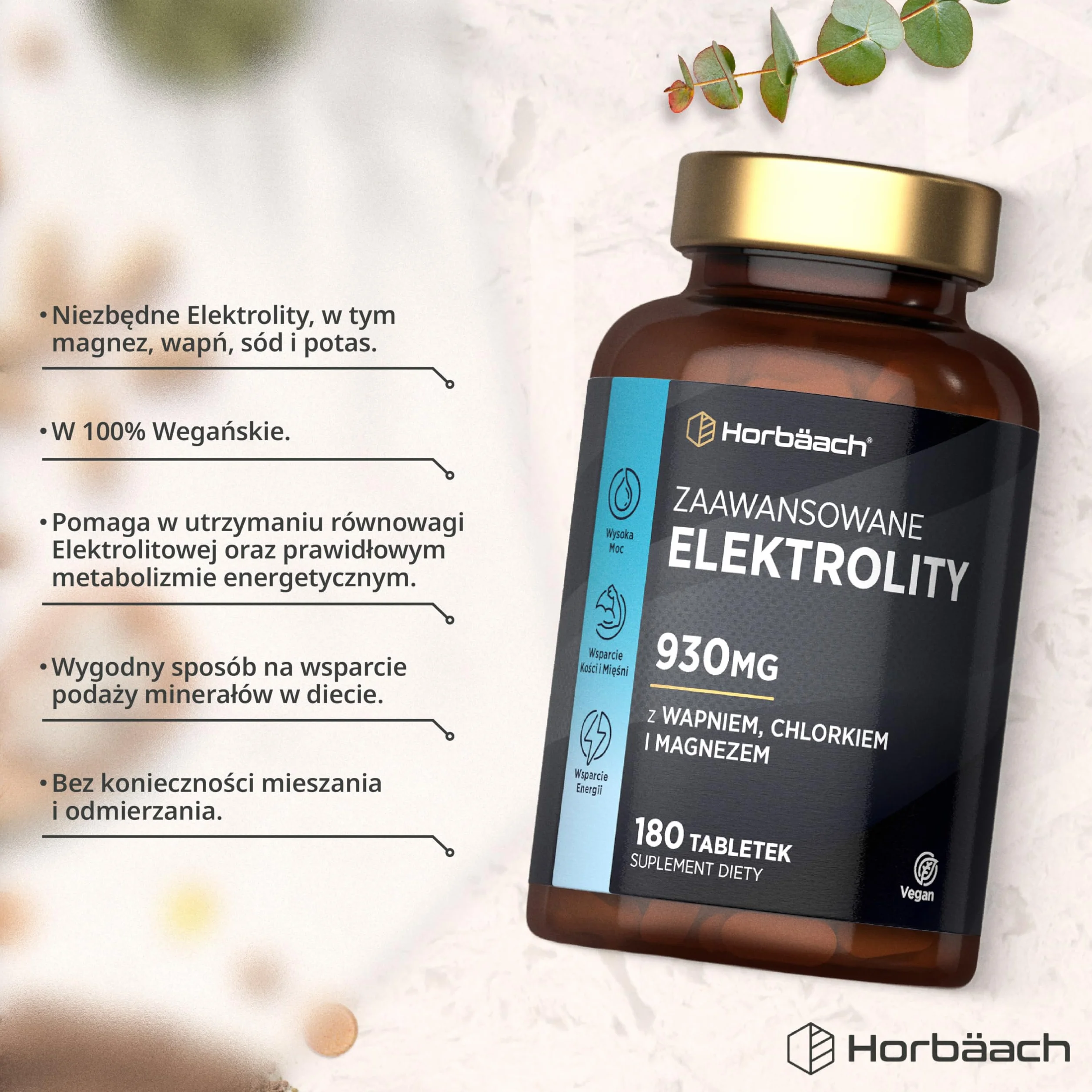 Elektrolity 930mg z Potasem, Chlorkiem, Wapniem, Magnezem i Sodem | Elektrolity w Tabletkach | Alternatywa dla Proszku i Saszetek | Bez cukru | 240 Wegańskich Tabletek | marki Horbaach