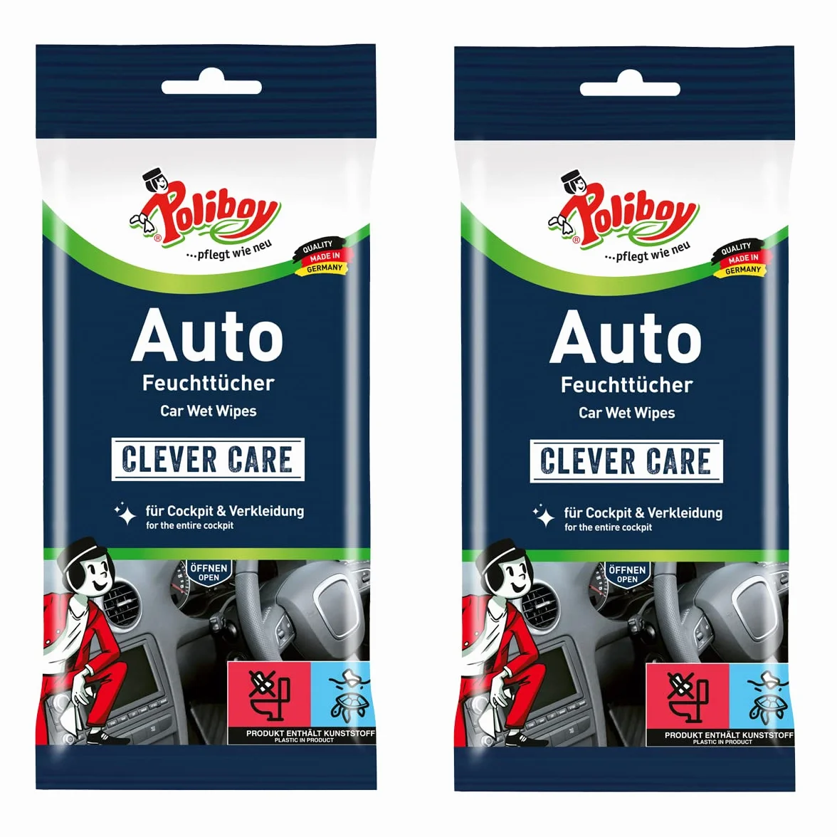 Poliboy wilgotne chusteczki/chusteczki do czyszczenia, różne rodzaje i rozmiary opakowań, produkt niemiecki 2er Pack Auto