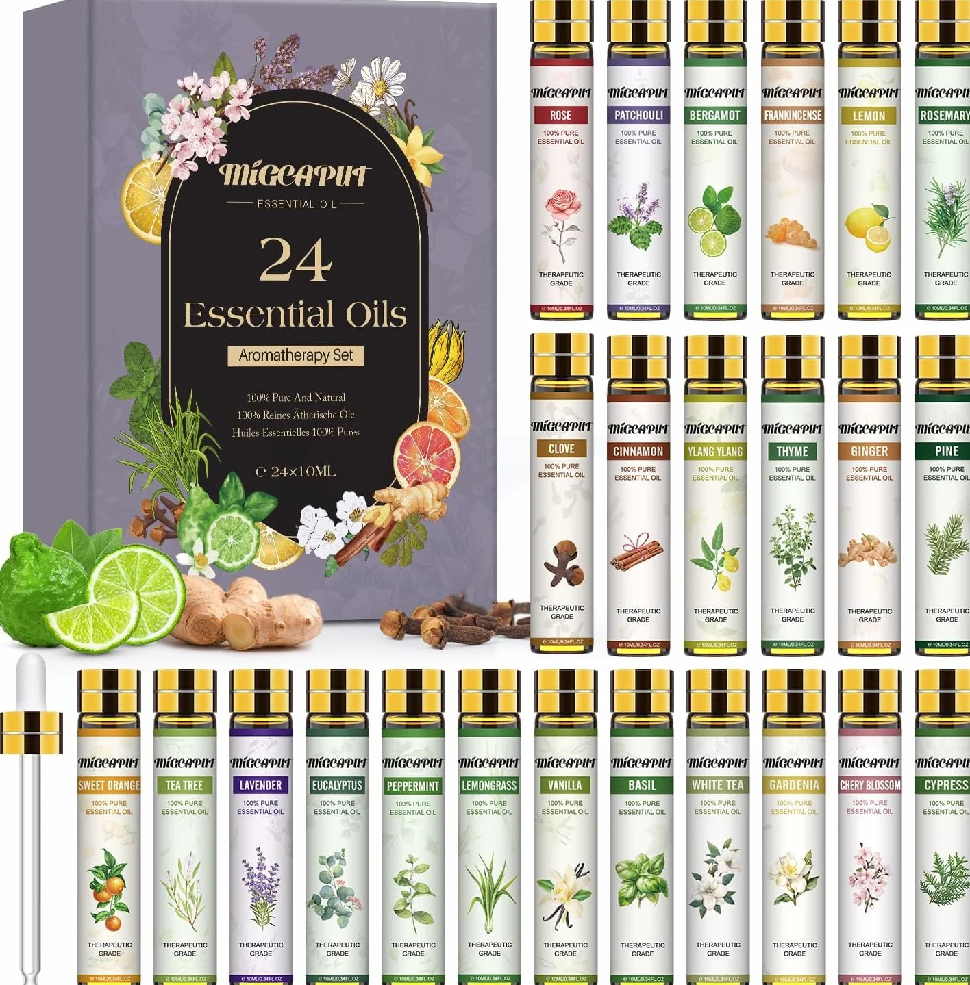 MIGCAPUT Zestaw Olejków Eterycznych 24 x 10ML, 100% Naturalne Aromaterapia do Dyfuzora, SPA, Masażu