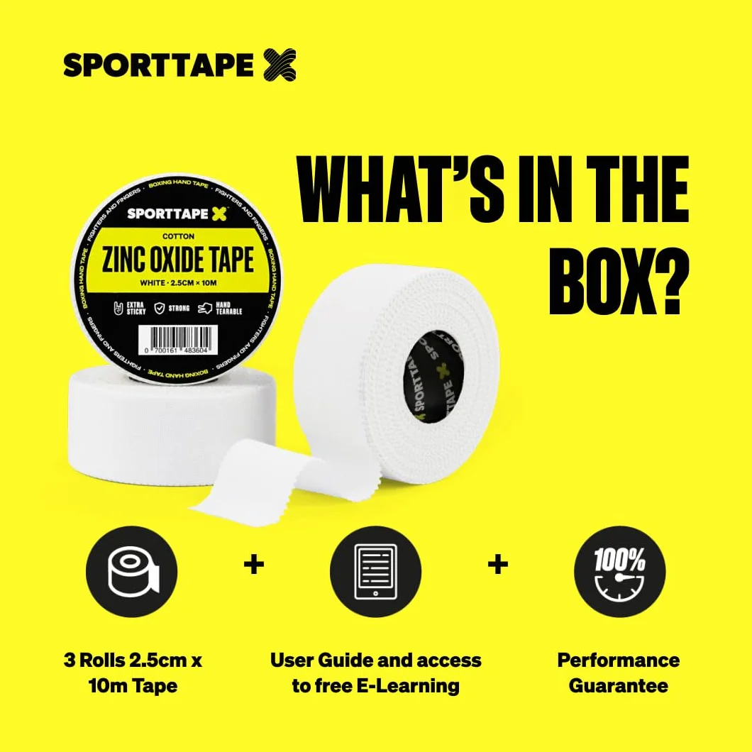 SPORTTAPE taśma sportowa z tlenkiem cynku, 3 rolki, biała, 2,5 cm x 10 m, nieelastyczny bandaż bokserski na nadgarstek i palec, przyjazna dla skóry, sportowa taśma do wspinaczki, sportów walki, boksu