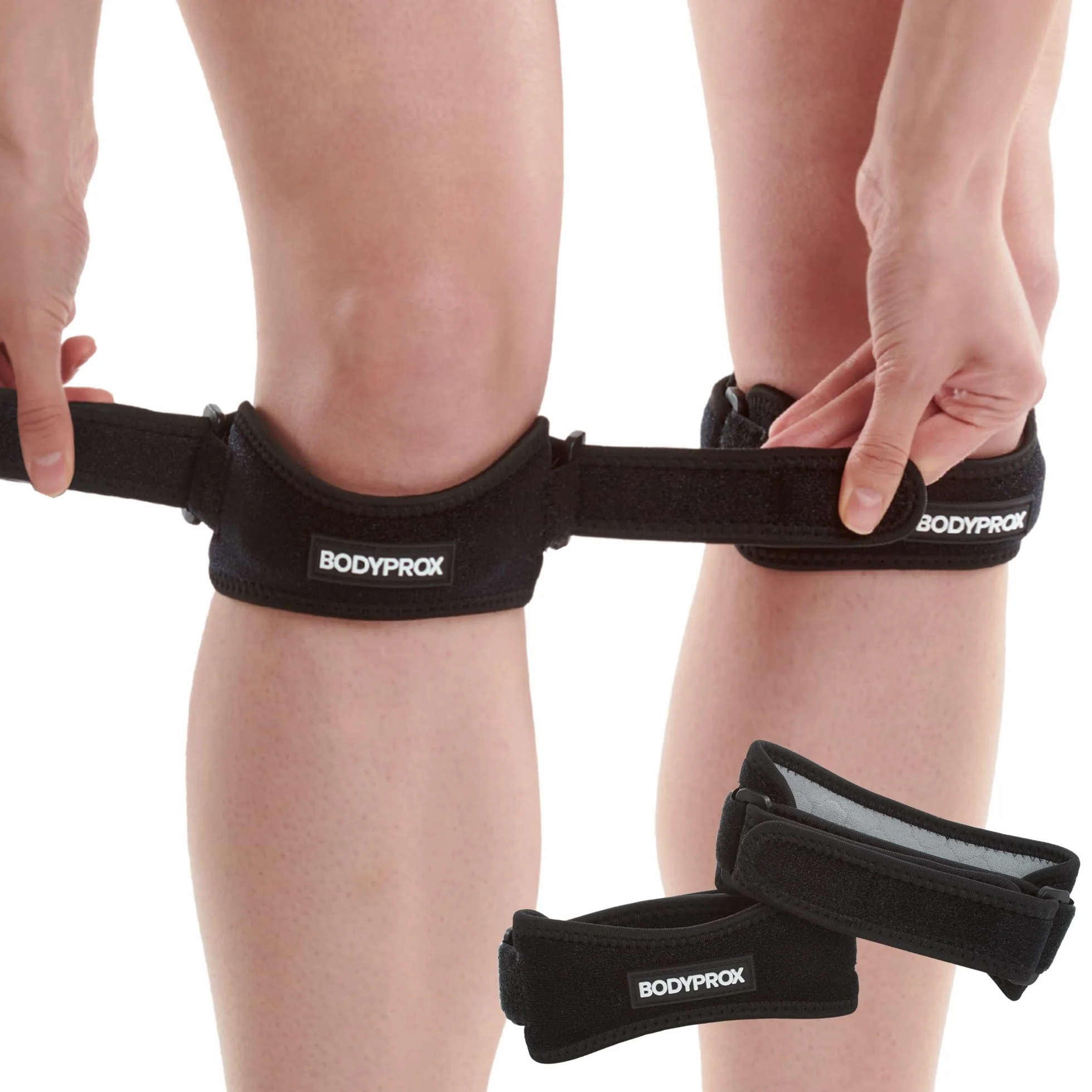 Bodyprox Patella Pas na kolano z paskiem łagodzącym ból kolana, do wędrówek, piłki nożnej, koszykówki, biegania, swetrów, kolan, tenisa, zapalenia ścięgien, siatkówki i przysiadów, 2 szt