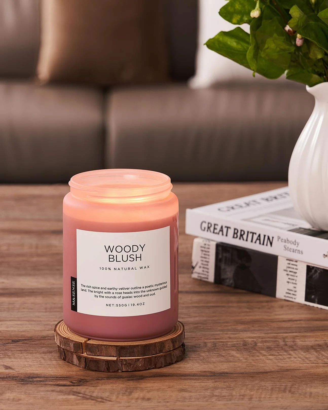 M&SENSE Róża & Wetiver - Świeca Sojowa w Szkle (550g, 110h) | 2 Knoty, Intensywny Zapach | Relaksująca Aromaterapia | Jesienna Dekoracja i Pomysł na Prezent