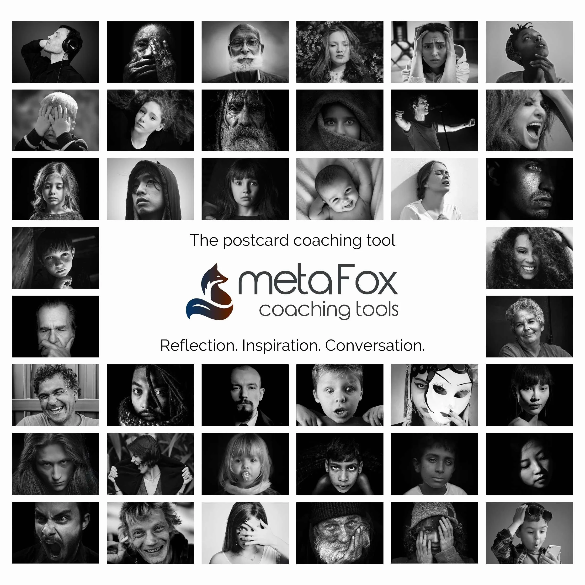 metaFox Deep Pictures Portrety of Emotions 52 czarno-białe karty coachingowe dla emocjonalnej świadomości, narzędzia terapeutyczne