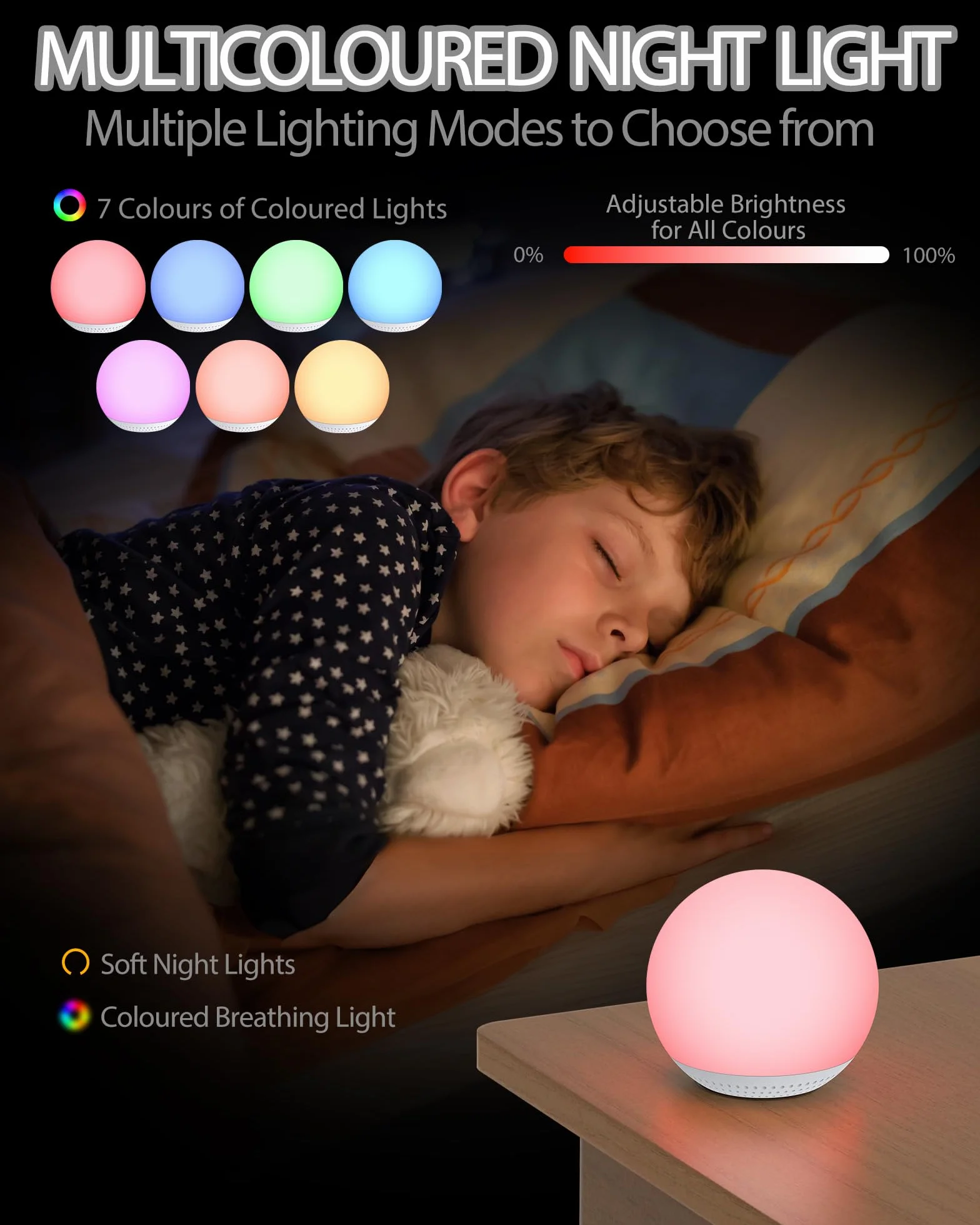 HOMGEN 2 w 1 biała maszyna do hałasu dla dziecka - ładowalna maszyna dźwiękowa do snu - lampka nocna LED dla dzieci, lampa stołowa typu C z możliwością ściemniania, ciepłe światło, 7 kolorów
