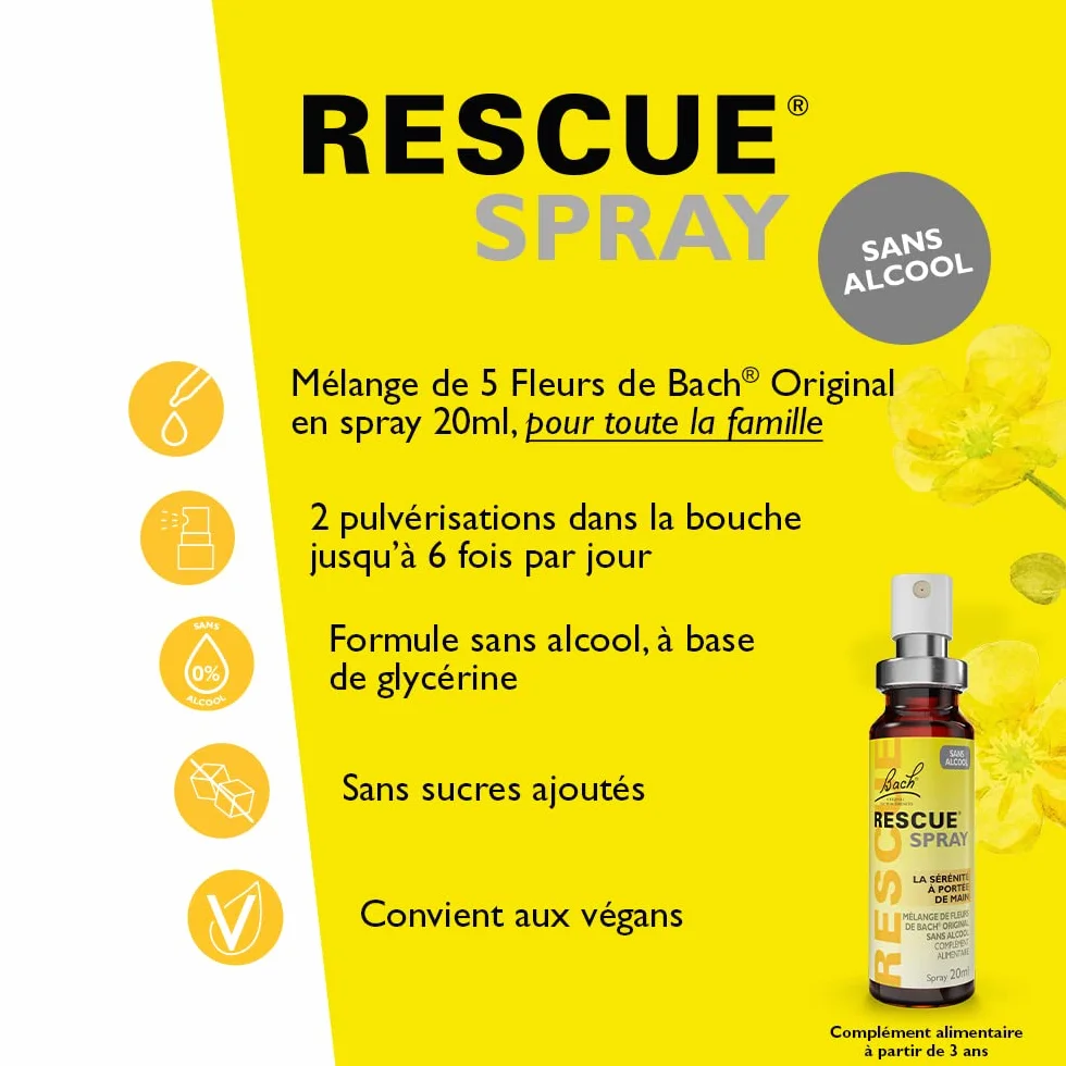RESCUE - Bezalkoholowy spray Naturalne samopoczucie emocjonalne - Mieszanka 5 oryginalnych kwiatów Bacha - Idealny na codzienne stresy: podróże, egzaminy, spotkania, pracowity dzień - 20 ml