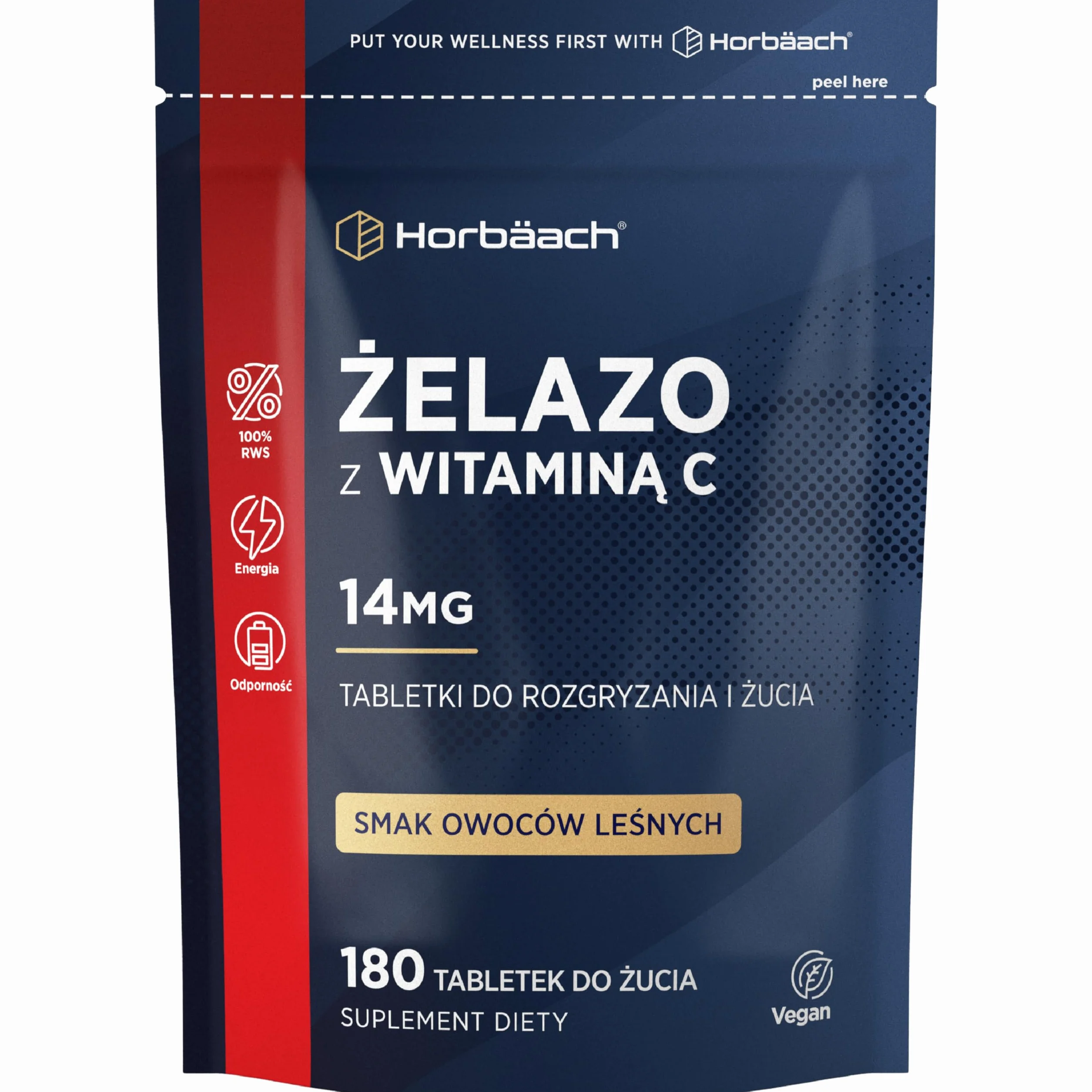 Horbaach Żelazo Tabletki 14 mg z Witaminą C 80 mg 180 Tabletek Do Rozgryzania i Żucia Suplement Dla Kobiet i Mężczyzn