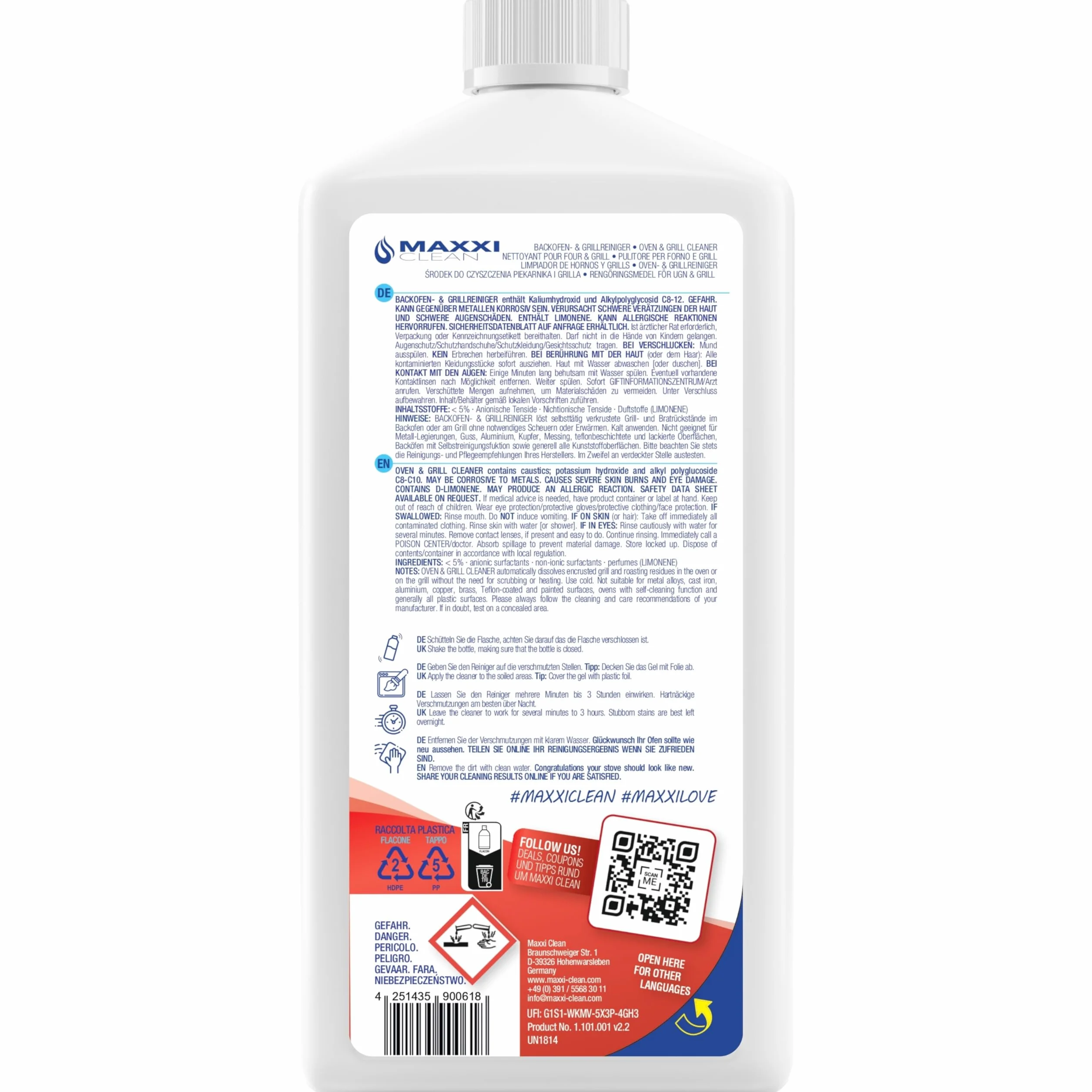MAXXI CLEAN | Ekstra mocny środek do czyszczenia piekarników i grillów | 750 ml żelowej pasty | samoczynnie działający środek czyszczący i odtłuszczający | do kuchenek i grillów