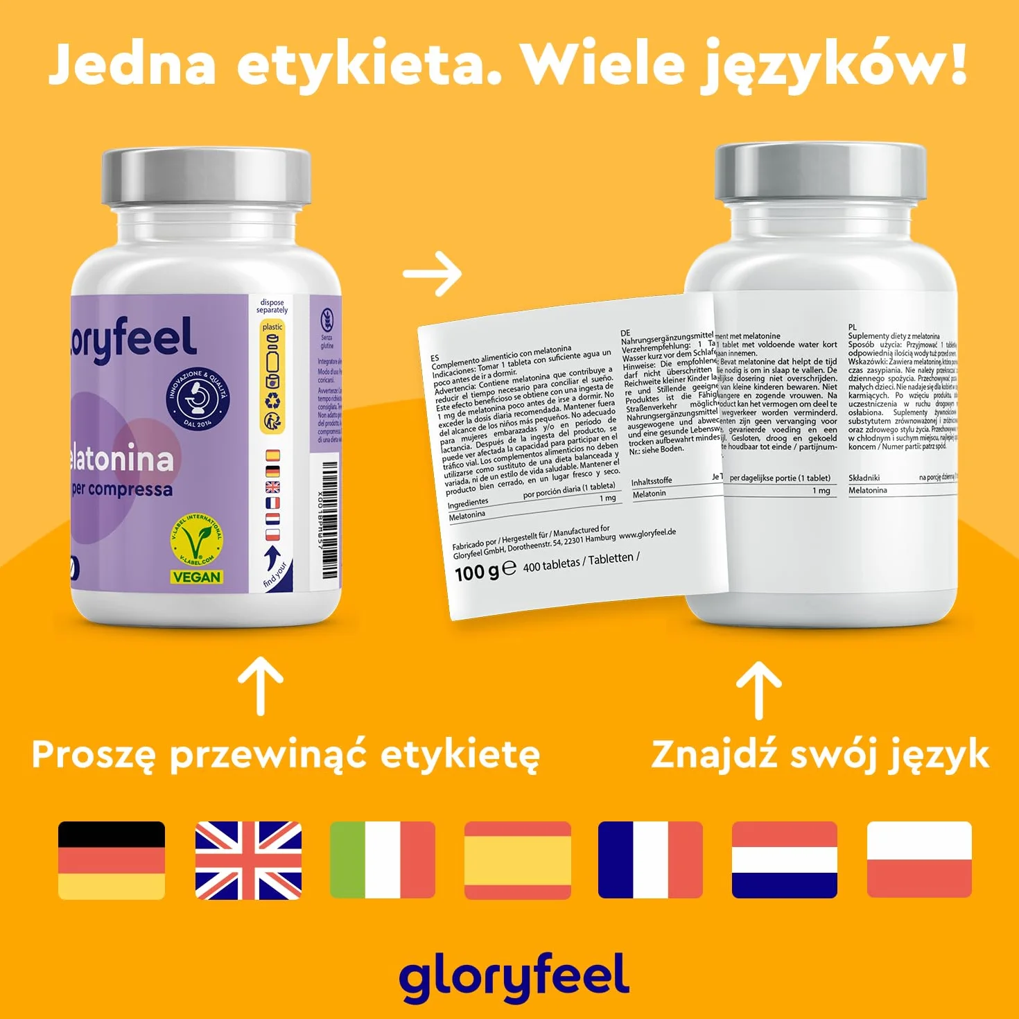 Melatonina 400 tabletek, suplement wspomagający sen, wegański, bez dodatków