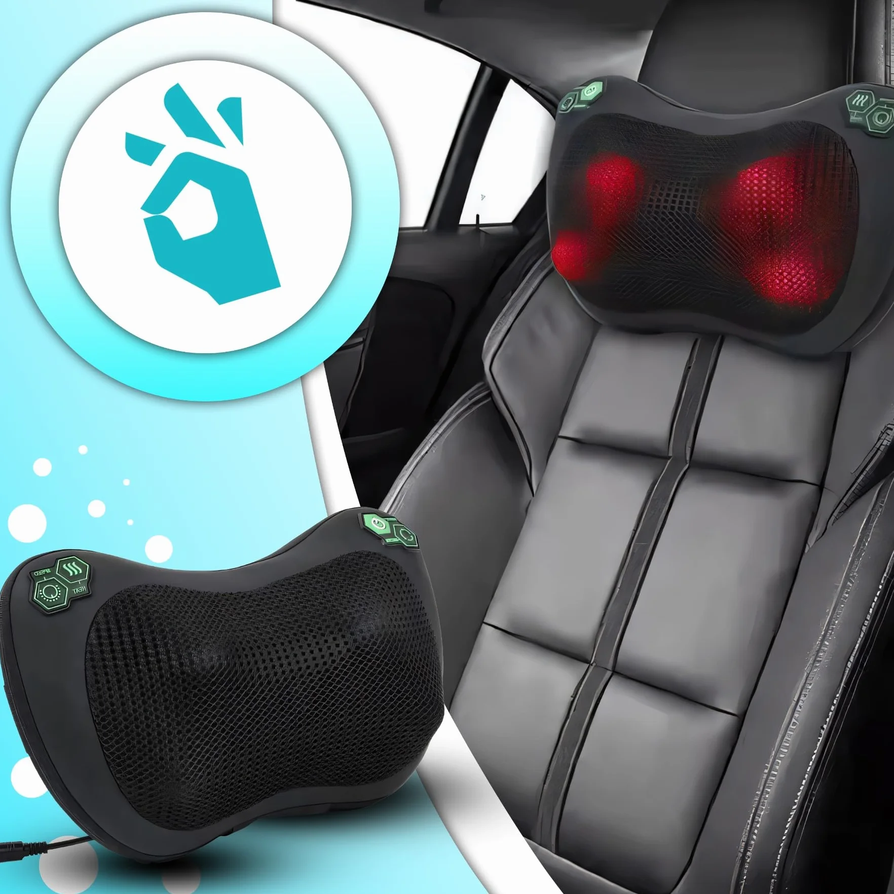 Retoo Shiatsu poduszka do masażu z funkcją ogrzewania, urządzenie do masażu pleców, karku, ramion, pleców, karku, obrotowych głowic masujących do biura, domu, samochodu, kolor czarny